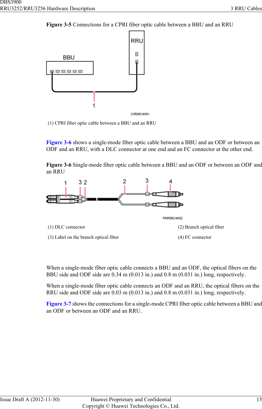 Figure 3-5 Connections for a CPRI fiber optic cable between a BBU and an RRU(1) CPRI fiber optic cable between a BBU and an RRUFigure 3-6 shows a single-mode fiber optic cable between a BBU and an ODF or between anODF and an RRU, with a DLC connector at one end and an FC connector at the other end.Figure 3-6 Single-mode fiber optic cable between a BBU and an ODF or between an ODF andan RRU(1) DLC connector (2) Branch optical fiber(3) Label on the branch optical fiber (4) FC connector When a single-mode fiber optic cable connects a BBU and an ODF, the optical fibers on theBBU side and ODF side are 0.34 m (0.013 in.) and 0.8 m (0.031 in.) long, respectively.When a single-mode fiber optic cable connects an ODF and an RRU, the optical fibers on theRRU side and ODF side are 0.03 m (0.013 in.) and 0.8 m (0.031 in.) long, respectively.Figure 3-7 shows the connections for a single-mode CPRI fiber optic cable between a BBU andan ODF or between an ODF and an RRU.DBS3900RRU3252/RRU3256 Hardware Description 3 RRU CablesIssue Draft A (2012-11-30) Huawei Proprietary and ConfidentialCopyright © Huawei Technologies Co., Ltd.15