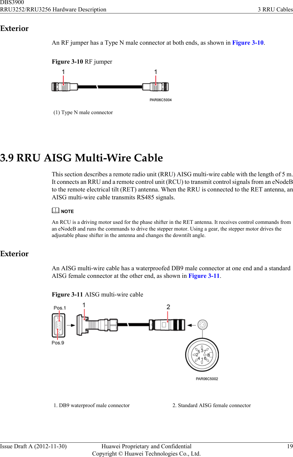 ExteriorAn RF jumper has a Type N male connector at both ends, as shown in Figure 3-10.Figure 3-10 RF jumper(1) Type N male connector 3.9 RRU AISG Multi-Wire CableThis section describes a remote radio unit (RRU) AISG multi-wire cable with the length of 5 m.It connects an RRU and a remote control unit (RCU) to transmit control signals from an eNodeBto the remote electrical tilt (RET) antenna. When the RRU is connected to the RET antenna, anAISG multi-wire cable transmits RS485 signals.NOTEAn RCU is a driving motor used for the phase shifter in the RET antenna. It receives control commands froman eNodeB and runs the commands to drive the stepper motor. Using a gear, the stepper motor drives theadjustable phase shifter in the antenna and changes the downtilt angle.ExteriorAn AISG multi-wire cable has a waterproofed DB9 male connector at one end and a standardAISG female connector at the other end, as shown in Figure 3-11.Figure 3-11 AISG multi-wire cable1. DB9 waterproof male connector 2. Standard AISG female connector DBS3900RRU3252/RRU3256 Hardware Description 3 RRU CablesIssue Draft A (2012-11-30) Huawei Proprietary and ConfidentialCopyright © Huawei Technologies Co., Ltd.19