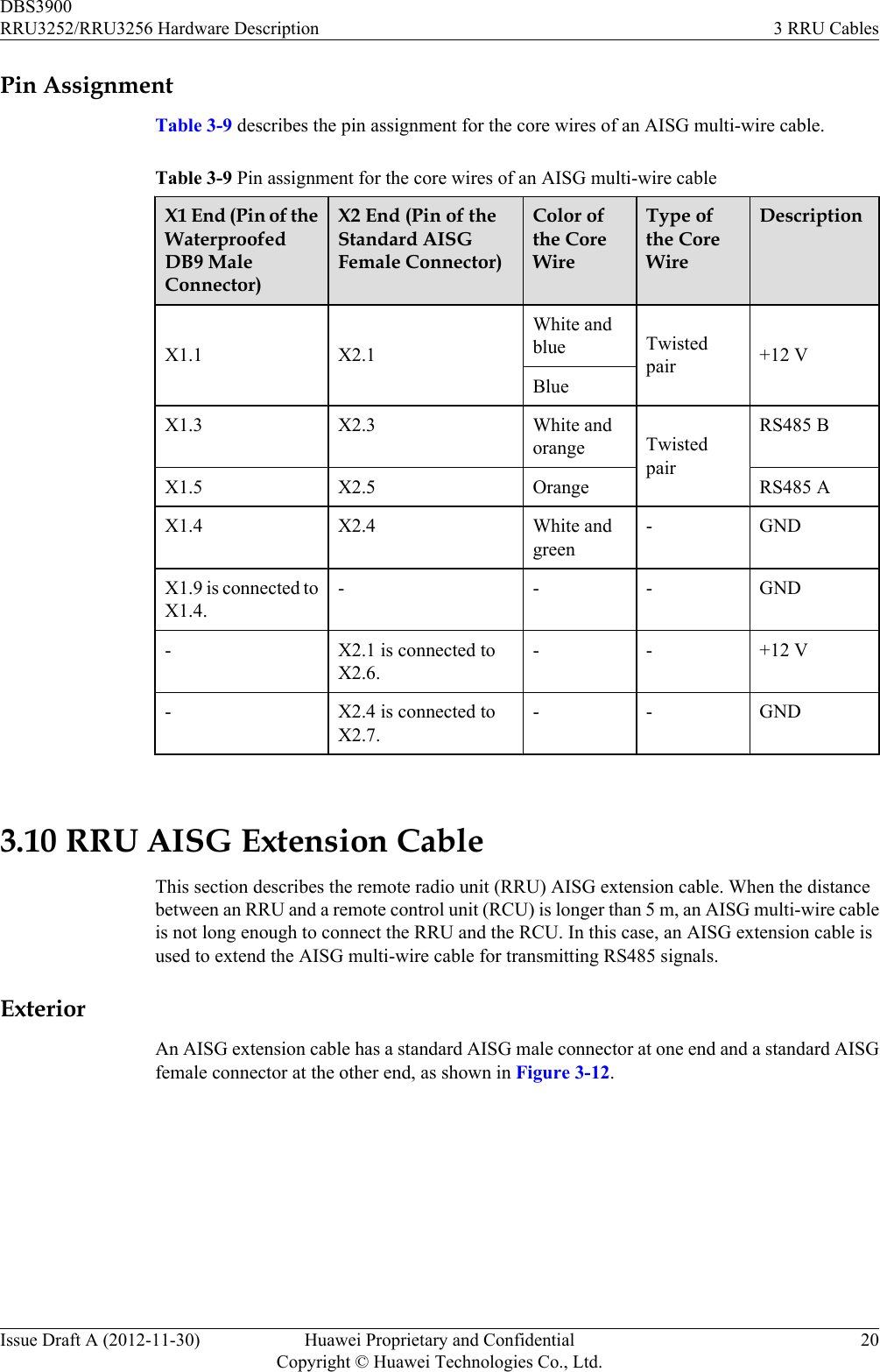 Pin AssignmentTable 3-9 describes the pin assignment for the core wires of an AISG multi-wire cable.Table 3-9 Pin assignment for the core wires of an AISG multi-wire cableX1 End (Pin of theWaterproofedDB9 MaleConnector)X2 End (Pin of theStandard AISGFemale Connector)Color ofthe CoreWireType ofthe CoreWireDescriptionX1.1 X2.1White andblue Twistedpair +12 VBlueX1.3 X2.3 White andorange TwistedpairRS485 BX1.5 X2.5 Orange RS485 AX1.4 X2.4 White andgreen- GNDX1.9 is connected toX1.4.- - - GND- X2.1 is connected toX2.6.- - +12 V- X2.4 is connected toX2.7.- - GND 3.10 RRU AISG Extension CableThis section describes the remote radio unit (RRU) AISG extension cable. When the distancebetween an RRU and a remote control unit (RCU) is longer than 5 m, an AISG multi-wire cableis not long enough to connect the RRU and the RCU. In this case, an AISG extension cable isused to extend the AISG multi-wire cable for transmitting RS485 signals.ExteriorAn AISG extension cable has a standard AISG male connector at one end and a standard AISGfemale connector at the other end, as shown in Figure 3-12.DBS3900RRU3252/RRU3256 Hardware Description 3 RRU CablesIssue Draft A (2012-11-30) Huawei Proprietary and ConfidentialCopyright © Huawei Technologies Co., Ltd.20