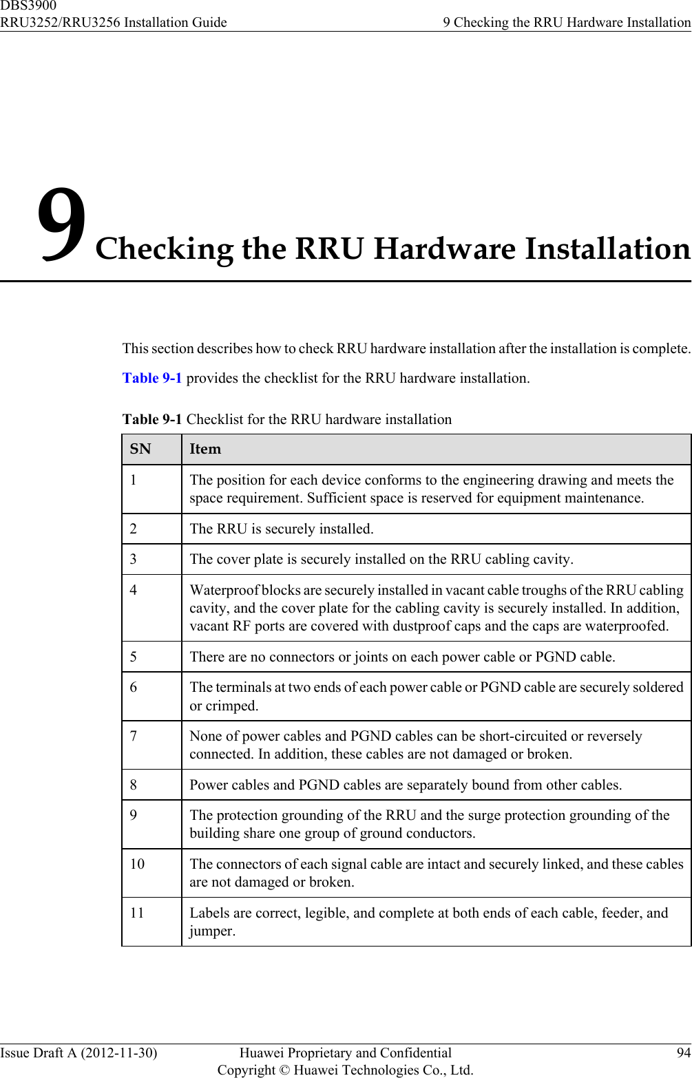 9 Checking the RRU Hardware InstallationThis section describes how to check RRU hardware installation after the installation is complete.Table 9-1 provides the checklist for the RRU hardware installation.Table 9-1 Checklist for the RRU hardware installationSN Item1The position for each device conforms to the engineering drawing and meets thespace requirement. Sufficient space is reserved for equipment maintenance.2 The RRU is securely installed.3 The cover plate is securely installed on the RRU cabling cavity.4 Waterproof blocks are securely installed in vacant cable troughs of the RRU cablingcavity, and the cover plate for the cabling cavity is securely installed. In addition,vacant RF ports are covered with dustproof caps and the caps are waterproofed.5 There are no connectors or joints on each power cable or PGND cable.6 The terminals at two ends of each power cable or PGND cable are securely solderedor crimped.7 None of power cables and PGND cables can be short-circuited or reverselyconnected. In addition, these cables are not damaged or broken.8 Power cables and PGND cables are separately bound from other cables.9 The protection grounding of the RRU and the surge protection grounding of thebuilding share one group of ground conductors.10 The connectors of each signal cable are intact and securely linked, and these cablesare not damaged or broken.11 Labels are correct, legible, and complete at both ends of each cable, feeder, andjumper.DBS3900RRU3252/RRU3256 Installation Guide 9 Checking the RRU Hardware InstallationIssue Draft A (2012-11-30) Huawei Proprietary and ConfidentialCopyright © Huawei Technologies Co., Ltd.94