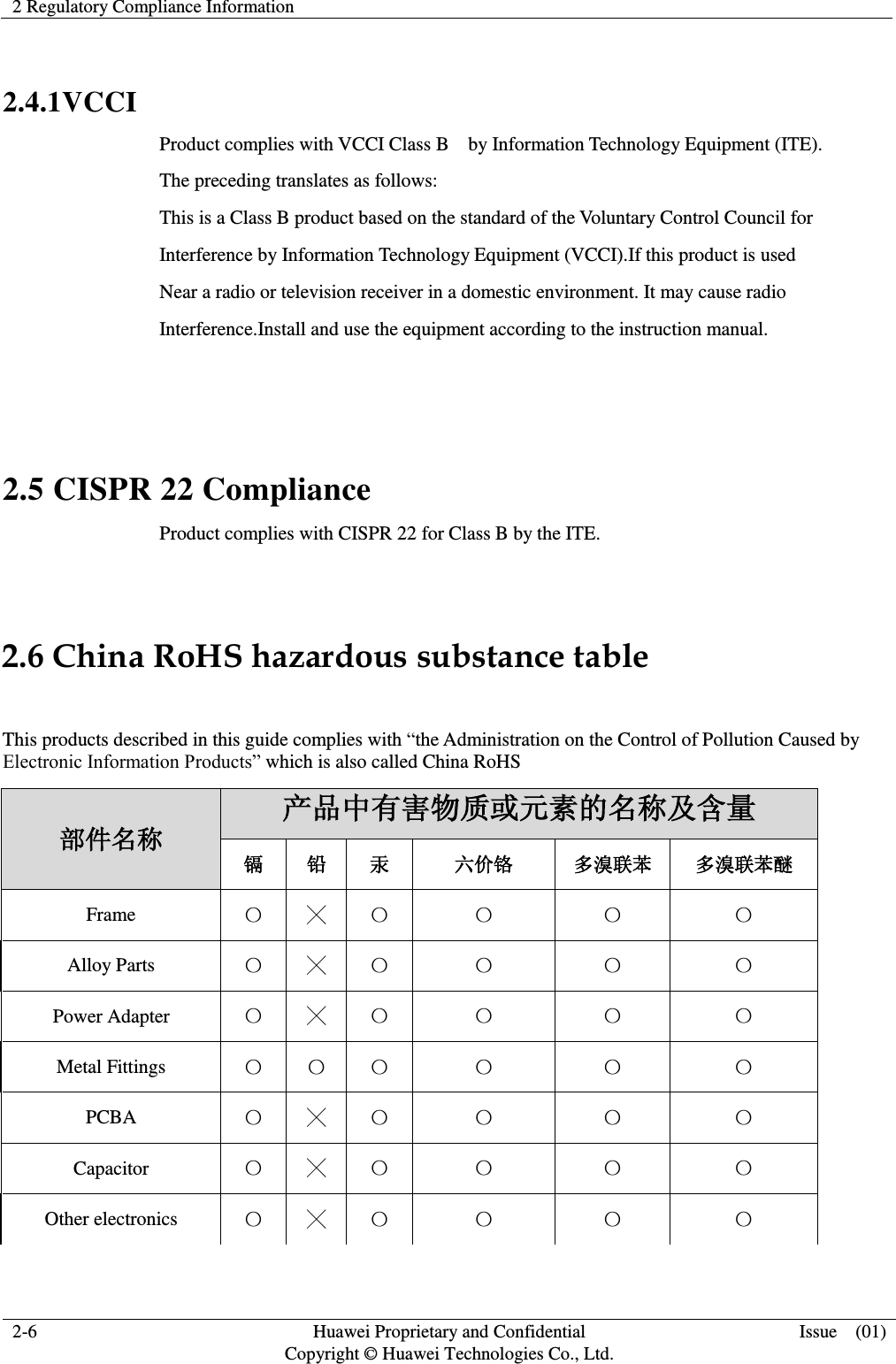 2 Regulatory Compliance Information    2-6 Huawei Proprietary and Confidential                                     Copyright © Huawei Technologies Co., Ltd. Issue    (01)   2.4.1VCCI Product complies with VCCI Class B    by Information Technology Equipment (ITE). The preceding translates as follows: This is a Class B product based on the standard of the Voluntary Control Council for Interference by Information Technology Equipment (VCCI).If this product is used Near a radio or television receiver in a domestic environment. It may cause radio Interference.Install and use the equipment according to the instruction manual.   2.5 CISPR 22 Compliance Product complies with CISPR 22 for Class B by the ITE.  2.6 China RoHS hazardous substance table  This products described in this guide complies with “the Administration on the Control of Pollution Caused by Electronic Information Products” which is also called China RoHS 部件名称 产品中有害物质或元素的名称及含量 镉 铅 汞 六价铬 多溴联苯 多溴联苯醚 Frame 〇 ╳ 〇 〇 〇 〇 Alloy Parts 〇 ╳ 〇 〇 〇 〇 Power Adapter 〇 ╳ 〇 〇 〇 〇 Metal Fittings 〇 〇 〇 〇 〇 〇 PCBA 〇 ╳ 〇 〇 〇 〇 Capacitor 〇 ╳ 〇 〇 〇 〇 Other electronics 〇 ╳ 〇 〇 〇 〇 