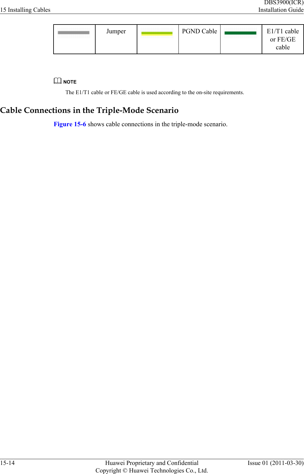 Jumper PGND Cable E1/T1 cableor FE/GEcable NOTEThe E1/T1 cable or FE/GE cable is used according to the on-site requirements.Cable Connections in the Triple-Mode ScenarioFigure 15-6 shows cable connections in the triple-mode scenario.15 Installing CablesDBS3900(ICR)Installation Guide15-14 Huawei Proprietary and ConfidentialCopyright © Huawei Technologies Co., Ltd.Issue 01 (2011-03-30)