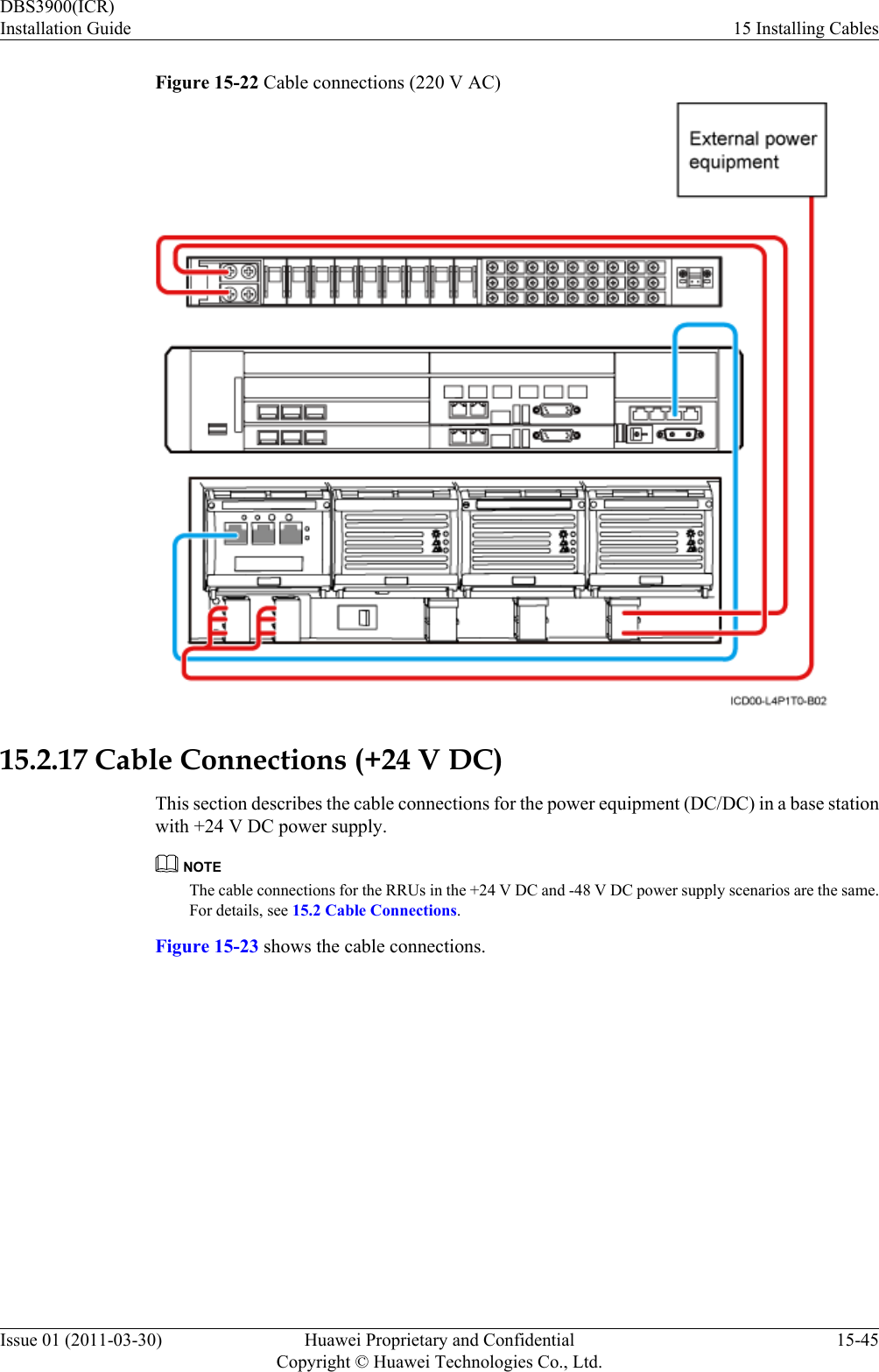 Figure 15-22 Cable connections (220 V AC)15.2.17 Cable Connections (+24 V DC)This section describes the cable connections for the power equipment (DC/DC) in a base stationwith +24 V DC power supply.NOTEThe cable connections for the RRUs in the +24 V DC and -48 V DC power supply scenarios are the same.For details, see 15.2 Cable Connections.Figure 15-23 shows the cable connections.DBS3900(ICR)Installation Guide 15 Installing CablesIssue 01 (2011-03-30) Huawei Proprietary and ConfidentialCopyright © Huawei Technologies Co., Ltd.15-45