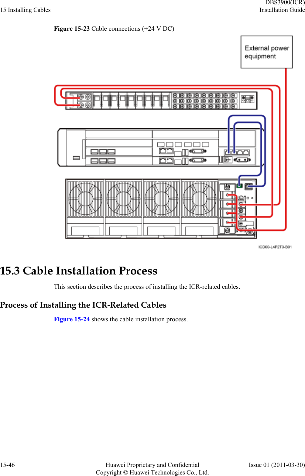 Figure 15-23 Cable connections (+24 V DC)15.3 Cable Installation ProcessThis section describes the process of installing the ICR-related cables.Process of Installing the ICR-Related CablesFigure 15-24 shows the cable installation process.15 Installing CablesDBS3900(ICR)Installation Guide15-46 Huawei Proprietary and ConfidentialCopyright © Huawei Technologies Co., Ltd.Issue 01 (2011-03-30)