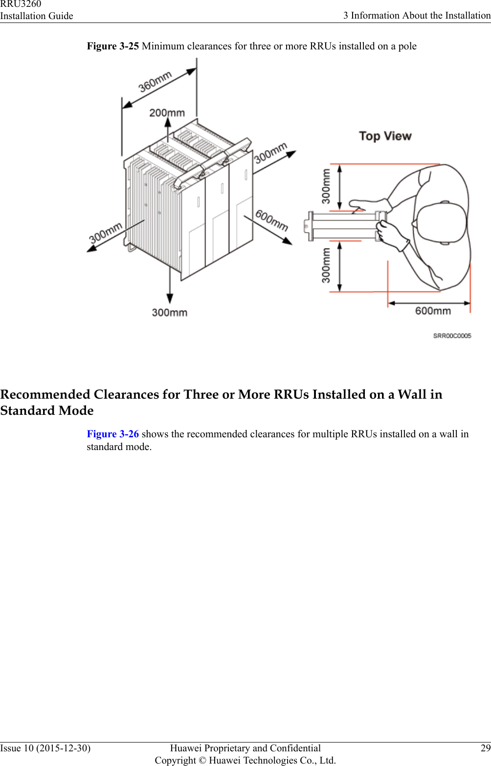 Figure 3-25 Minimum clearances for three or more RRUs installed on a pole Recommended Clearances for Three or More RRUs Installed on a Wall inStandard ModeFigure 3-26 shows the recommended clearances for multiple RRUs installed on a wall instandard mode.RRU3260Installation Guide 3 Information About the InstallationIssue 10 (2015-12-30) Huawei Proprietary and ConfidentialCopyright © Huawei Technologies Co., Ltd.29