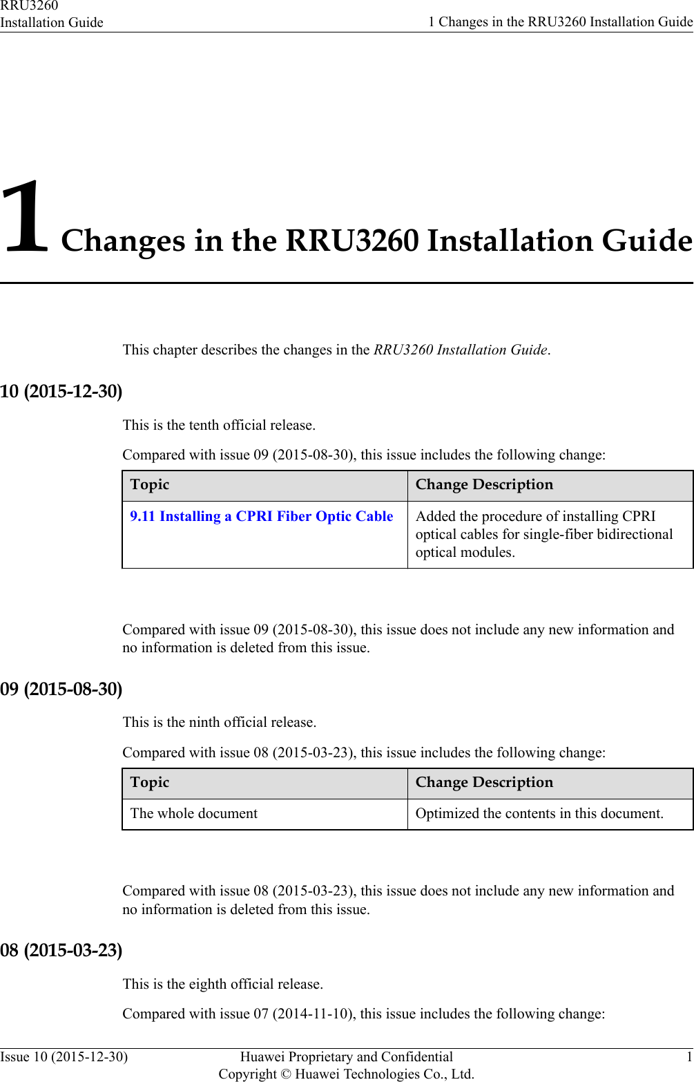 1 Changes in the RRU3260 Installation GuideThis chapter describes the changes in the RRU3260 Installation Guide.10 (2015-12-30)This is the tenth official release.Compared with issue 09 (2015-08-30), this issue includes the following change:Topic Change Description9.11 Installing a CPRI Fiber Optic Cable Added the procedure of installing CPRIoptical cables for single-fiber bidirectionaloptical modules. Compared with issue 09 (2015-08-30), this issue does not include any new information andno information is deleted from this issue.09 (2015-08-30)This is the ninth official release.Compared with issue 08 (2015-03-23), this issue includes the following change:Topic Change DescriptionThe whole document Optimized the contents in this document. Compared with issue 08 (2015-03-23), this issue does not include any new information andno information is deleted from this issue.08 (2015-03-23)This is the eighth official release.Compared with issue 07 (2014-11-10), this issue includes the following change:RRU3260Installation Guide 1 Changes in the RRU3260 Installation GuideIssue 10 (2015-12-30) Huawei Proprietary and ConfidentialCopyright © Huawei Technologies Co., Ltd.1