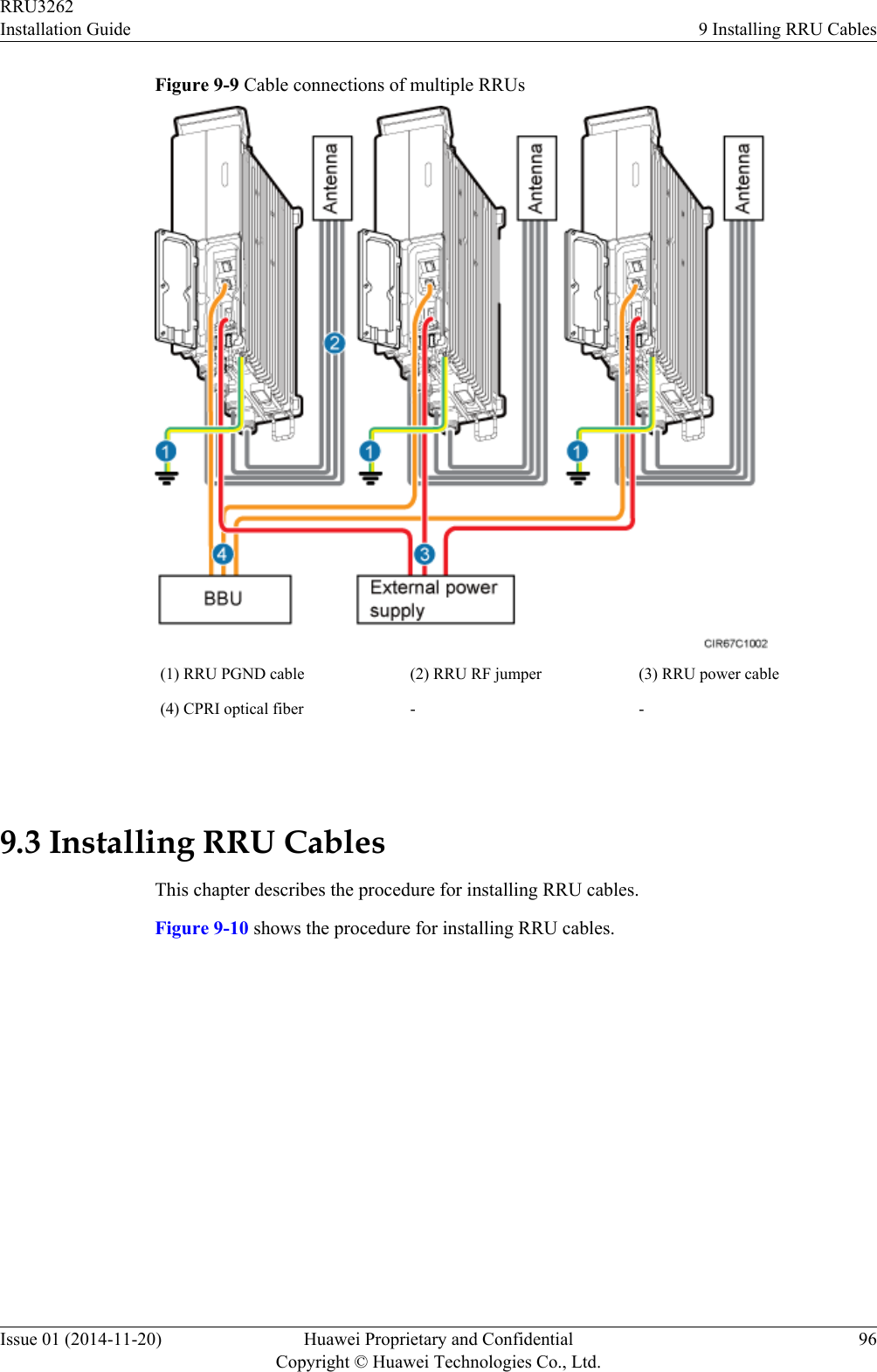 Figure 9-9 Cable connections of multiple RRUs(1) RRU PGND cable (2) RRU RF jumper (3) RRU power cable(4) CPRI optical fiber - - 9.3 Installing RRU CablesThis chapter describes the procedure for installing RRU cables.Figure 9-10 shows the procedure for installing RRU cables.RRU3262Installation Guide 9 Installing RRU CablesIssue 01 (2014-11-20) Huawei Proprietary and ConfidentialCopyright © Huawei Technologies Co., Ltd.96