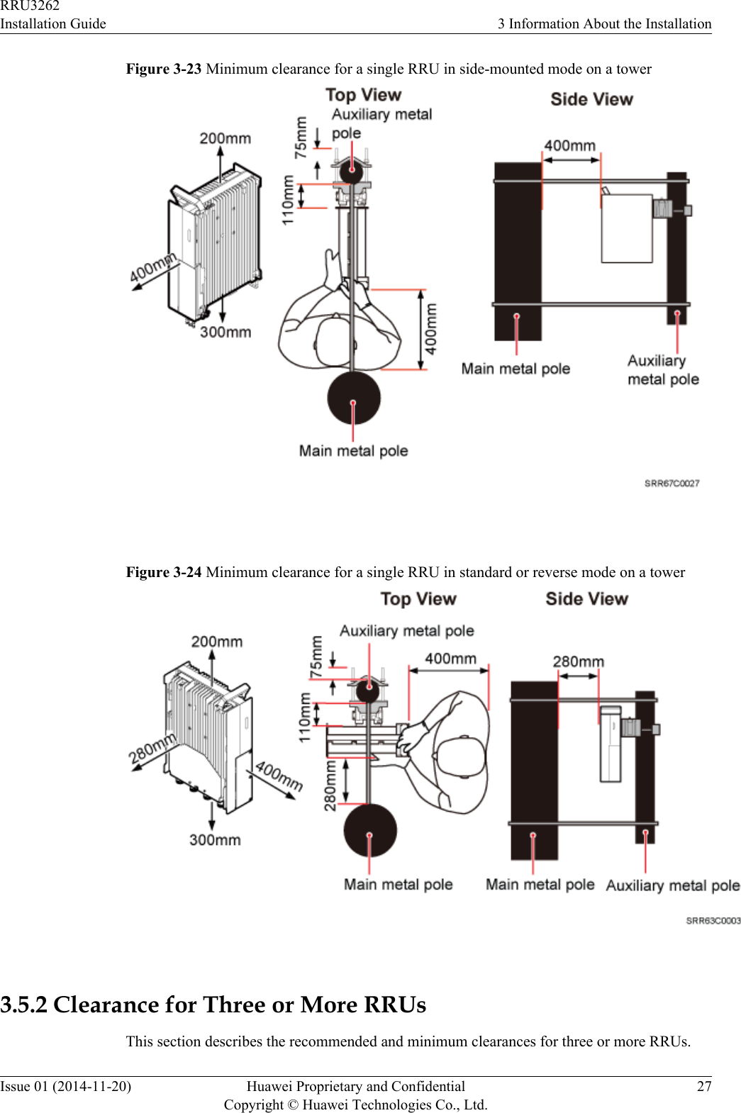 Figure 3-23 Minimum clearance for a single RRU in side-mounted mode on a tower Figure 3-24 Minimum clearance for a single RRU in standard or reverse mode on a tower 3.5.2 Clearance for Three or More RRUsThis section describes the recommended and minimum clearances for three or more RRUs.RRU3262Installation Guide 3 Information About the InstallationIssue 01 (2014-11-20) Huawei Proprietary and ConfidentialCopyright © Huawei Technologies Co., Ltd.27