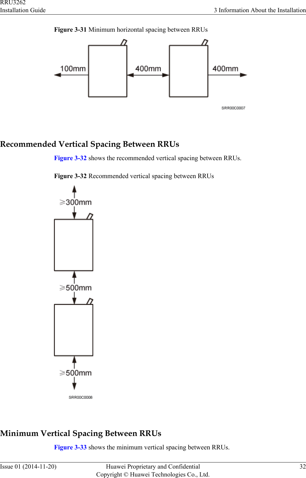Figure 3-31 Minimum horizontal spacing between RRUs Recommended Vertical Spacing Between RRUsFigure 3-32 shows the recommended vertical spacing between RRUs.Figure 3-32 Recommended vertical spacing between RRUs Minimum Vertical Spacing Between RRUsFigure 3-33 shows the minimum vertical spacing between RRUs.RRU3262Installation Guide 3 Information About the InstallationIssue 01 (2014-11-20) Huawei Proprietary and ConfidentialCopyright © Huawei Technologies Co., Ltd.32