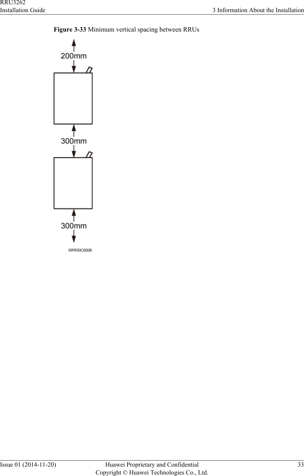 Figure 3-33 Minimum vertical spacing between RRUsRRU3262Installation Guide 3 Information About the InstallationIssue 01 (2014-11-20) Huawei Proprietary and ConfidentialCopyright © Huawei Technologies Co., Ltd.33