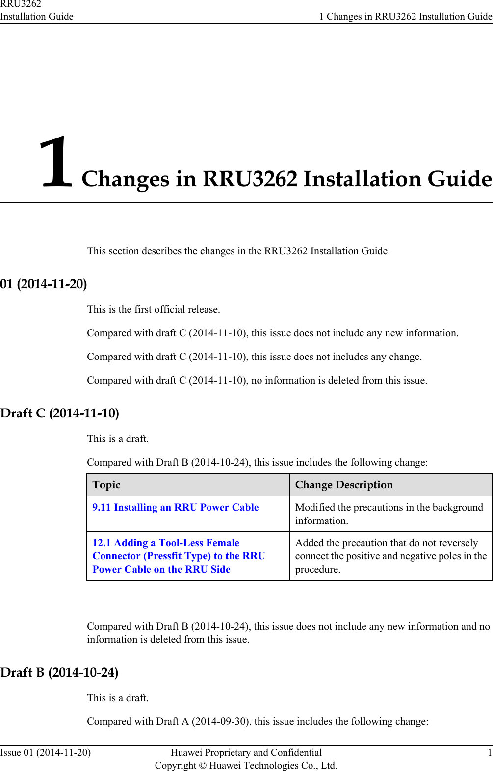 1 Changes in RRU3262 Installation GuideThis section describes the changes in the RRU3262 Installation Guide.01 (2014-11-20)This is the first official release.Compared with draft C (2014-11-10), this issue does not include any new information.Compared with draft C (2014-11-10), this issue does not includes any change.Compared with draft C (2014-11-10), no information is deleted from this issue.Draft C (2014-11-10)This is a draft.Compared with Draft B (2014-10-24), this issue includes the following change:Topic Change Description9.11 Installing an RRU Power Cable Modified the precautions in the backgroundinformation.12.1 Adding a Tool-Less FemaleConnector (Pressfit Type) to the RRUPower Cable on the RRU SideAdded the precaution that do not reverselyconnect the positive and negative poles in theprocedure. Compared with Draft B (2014-10-24), this issue does not include any new information and noinformation is deleted from this issue.Draft B (2014-10-24)This is a draft.Compared with Draft A (2014-09-30), this issue includes the following change:RRU3262Installation Guide 1 Changes in RRU3262 Installation GuideIssue 01 (2014-11-20) Huawei Proprietary and ConfidentialCopyright © Huawei Technologies Co., Ltd.1