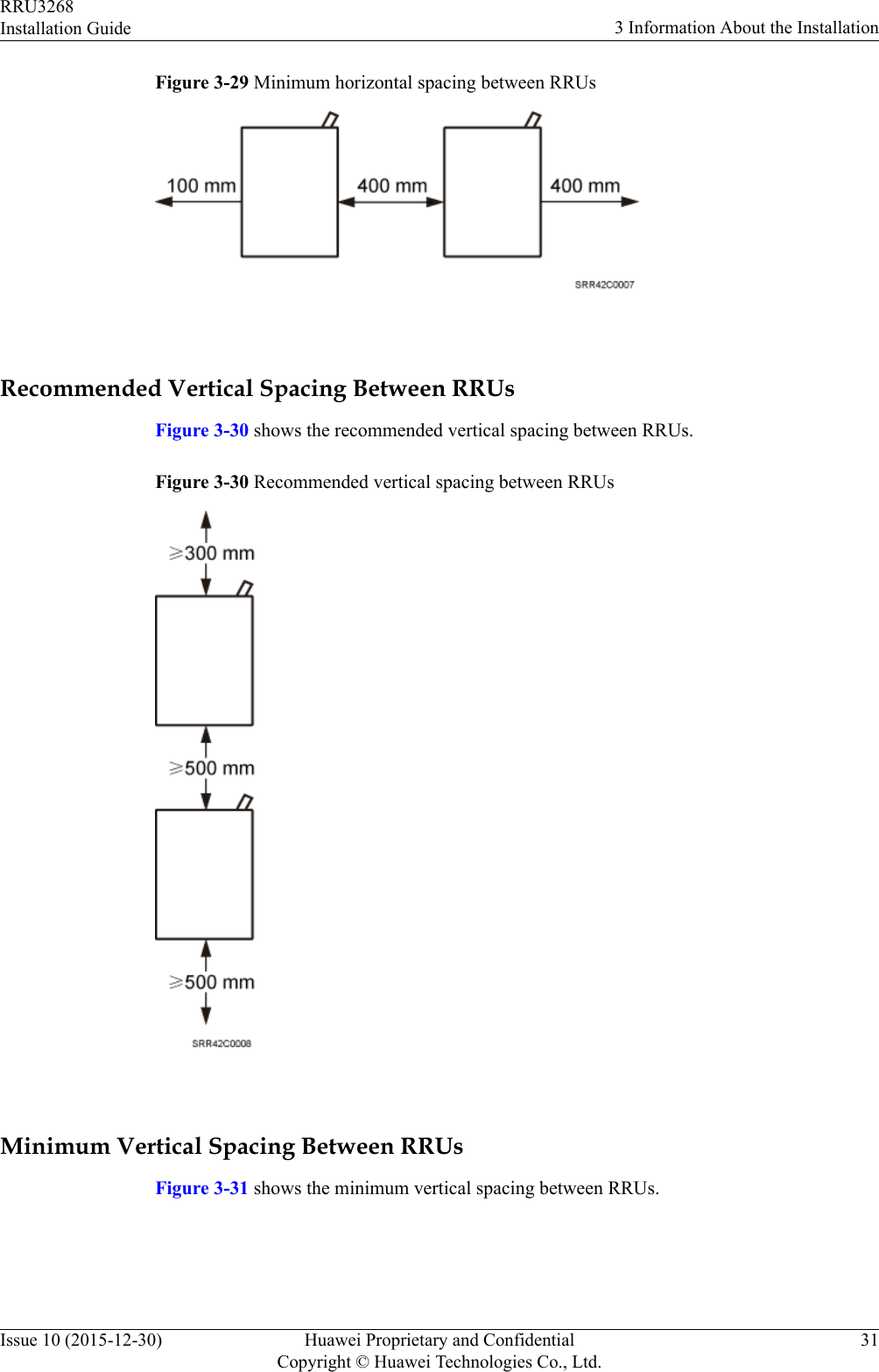 Figure 3-29 Minimum horizontal spacing between RRUs Recommended Vertical Spacing Between RRUsFigure 3-30 shows the recommended vertical spacing between RRUs.Figure 3-30 Recommended vertical spacing between RRUs Minimum Vertical Spacing Between RRUsFigure 3-31 shows the minimum vertical spacing between RRUs.RRU3268Installation Guide 3 Information About the InstallationIssue 10 (2015-12-30) Huawei Proprietary and ConfidentialCopyright © Huawei Technologies Co., Ltd.31