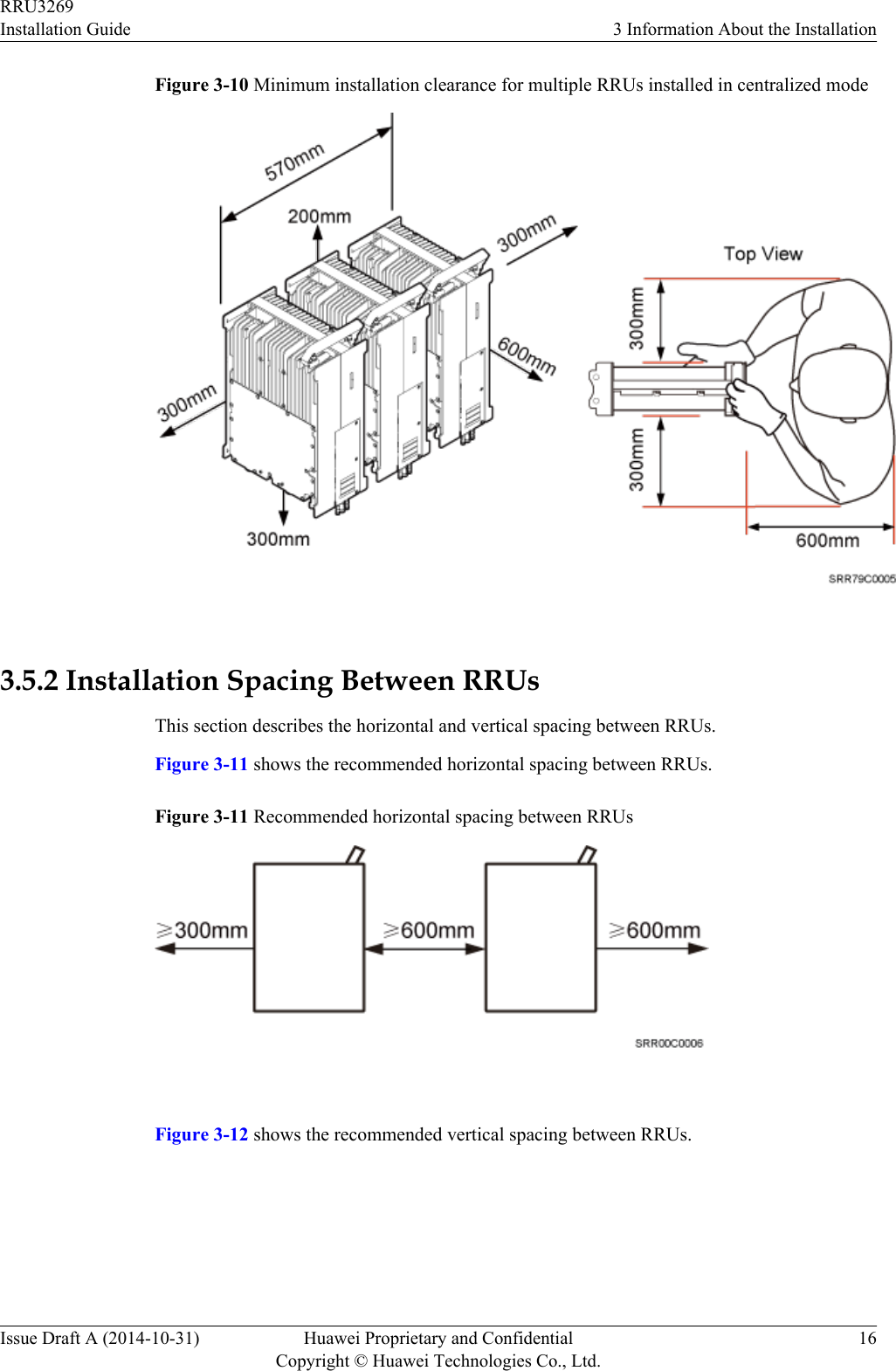 Figure 3-10 Minimum installation clearance for multiple RRUs installed in centralized mode 3.5.2 Installation Spacing Between RRUsThis section describes the horizontal and vertical spacing between RRUs.Figure 3-11 shows the recommended horizontal spacing between RRUs.Figure 3-11 Recommended horizontal spacing between RRUs Figure 3-12 shows the recommended vertical spacing between RRUs.RRU3269Installation Guide 3 Information About the InstallationIssue Draft A (2014-10-31) Huawei Proprietary and ConfidentialCopyright © Huawei Technologies Co., Ltd.16