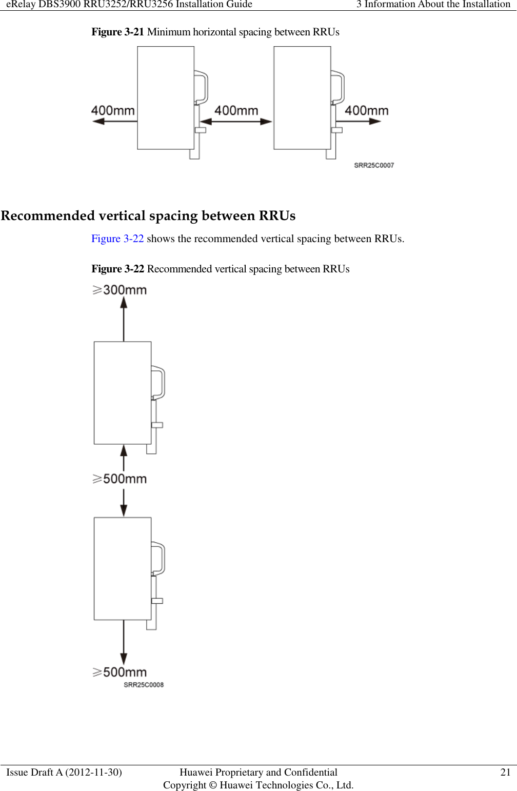 eRelay DBS3900 RRU3252/RRU3256 Installation Guide 3 Information About the Installation  Issue Draft A (2012-11-30) Huawei Proprietary and Confidential                                     Copyright © Huawei Technologies Co., Ltd. 21  Figure 3-21 Minimum horizontal spacing between RRUs   Recommended vertical spacing between RRUs Figure 3-22 shows the recommended vertical spacing between RRUs. Figure 3-22 Recommended vertical spacing between RRUs   