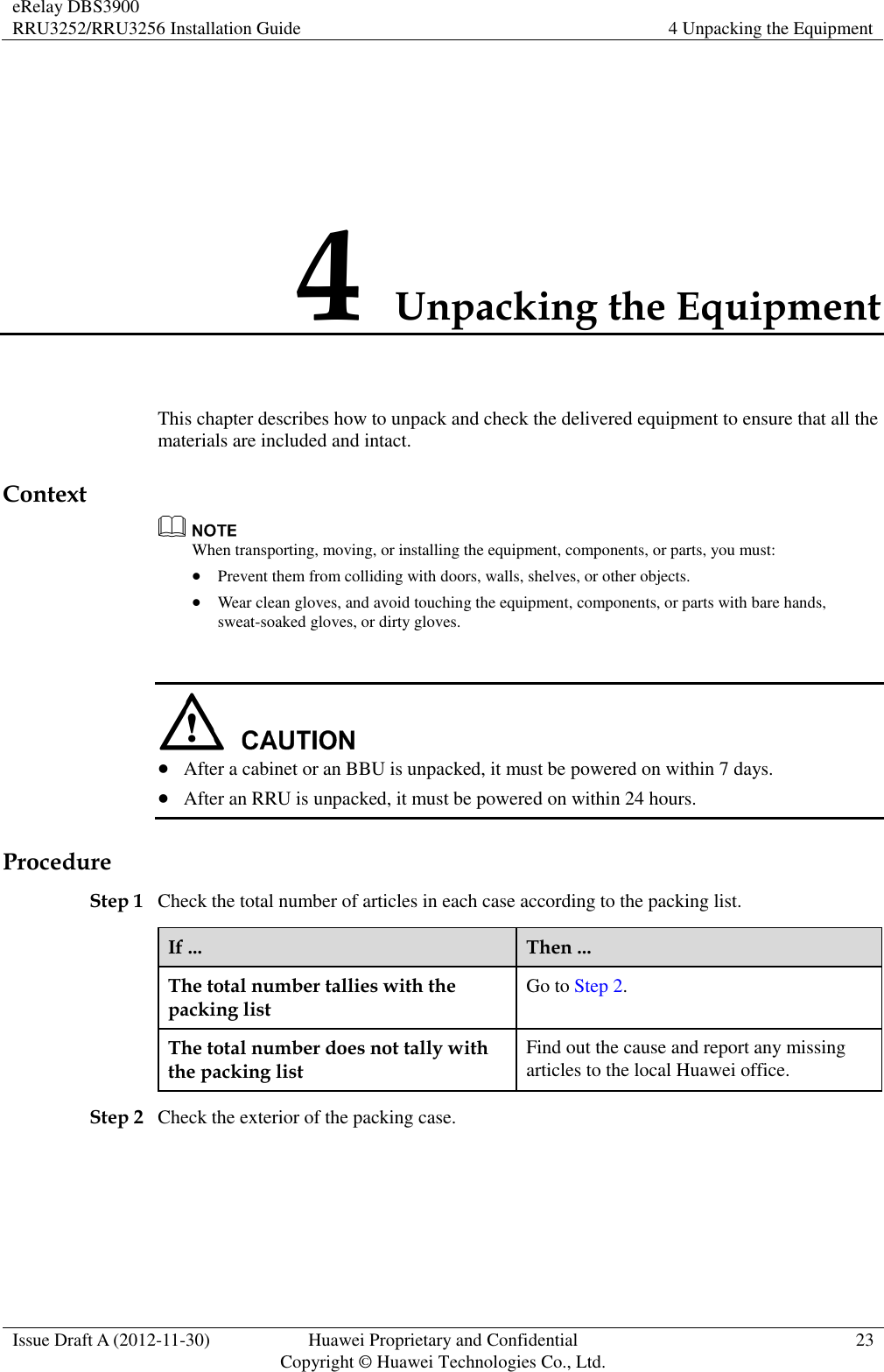 eRelay DBS3900 RRU3252/RRU3256 Installation Guide 4 Unpacking the Equipment  Issue Draft A (2012-11-30) Huawei Proprietary and Confidential                                     Copyright © Huawei Technologies Co., Ltd. 23  4 Unpacking the Equipment This chapter describes how to unpack and check the delivered equipment to ensure that all the materials are included and intact. Context  When transporting, moving, or installing the equipment, components, or parts, you must:  Prevent them from colliding with doors, walls, shelves, or other objects.  Wear clean gloves, and avoid touching the equipment, components, or parts with bare hands, sweat-soaked gloves, or dirty gloves.    After a cabinet or an BBU is unpacked, it must be powered on within 7 days.    After an RRU is unpacked, it must be powered on within 24 hours.   Procedure Step 1 Check the total number of articles in each case according to the packing list. If ... Then ... The total number tallies with the packing list Go to Step 2. The total number does not tally with the packing list Find out the cause and report any missing articles to the local Huawei office. Step 2 Check the exterior of the packing case. 