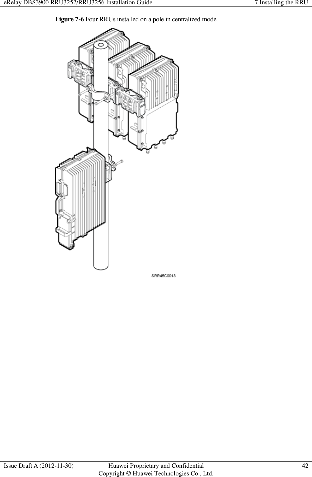 eRelay DBS3900 RRU3252/RRU3256 Installation Guide 7 Installing the RRU  Issue Draft A (2012-11-30) Huawei Proprietary and Confidential                                     Copyright © Huawei Technologies Co., Ltd. 42  Figure 7-6 Four RRUs installed on a pole in centralized mode   