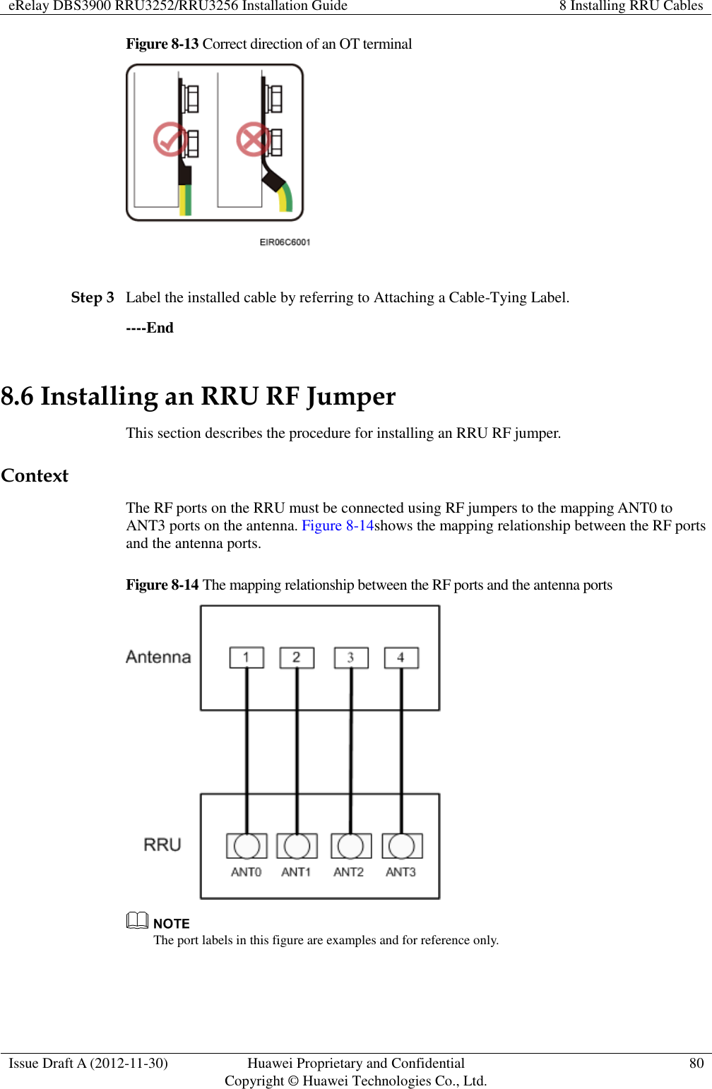 eRelay DBS3900 RRU3252/RRU3256 Installation Guide 8 Installing RRU Cables  Issue Draft A (2012-11-30) Huawei Proprietary and Confidential                                     Copyright © Huawei Technologies Co., Ltd. 80  Figure 8-13 Correct direction of an OT terminal   Step 3 Label the installed cable by referring to Attaching a Cable-Tying Label. ----End 8.6 Installing an RRU RF Jumper This section describes the procedure for installing an RRU RF jumper. Context The RF ports on the RRU must be connected using RF jumpers to the mapping ANT0 to ANT3 ports on the antenna. Figure 8-14shows the mapping relationship between the RF ports and the antenna ports. Figure 8-14 The mapping relationship between the RF ports and the antenna ports   The port labels in this figure are examples and for reference only.  
