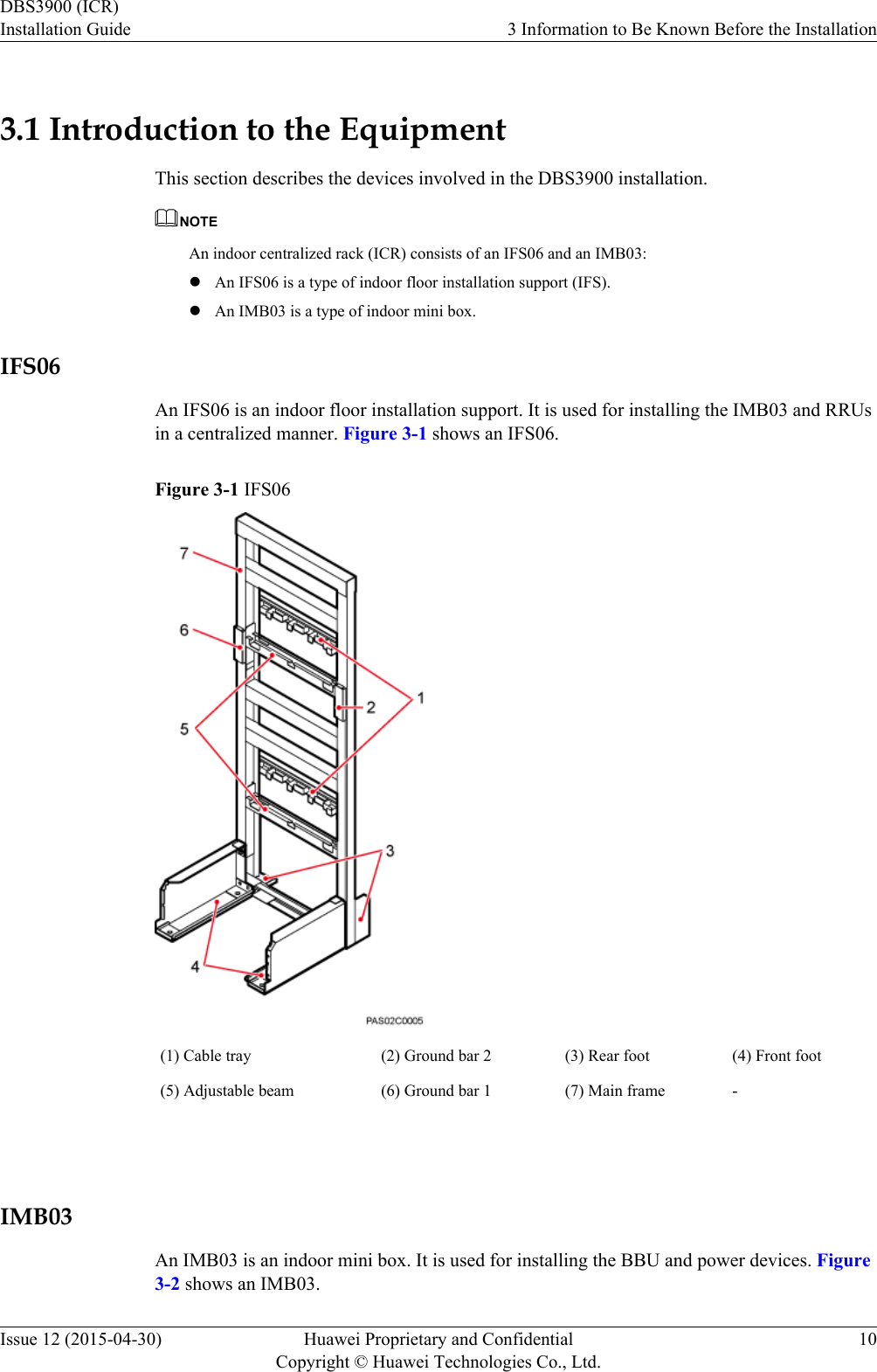 3.1 Introduction to the EquipmentThis section describes the devices involved in the DBS3900 installation.NOTEAn indoor centralized rack (ICR) consists of an IFS06 and an IMB03:lAn IFS06 is a type of indoor floor installation support (IFS).lAn IMB03 is a type of indoor mini box.IFS06An IFS06 is an indoor floor installation support. It is used for installing the IMB03 and RRUsin a centralized manner. Figure 3-1 shows an IFS06.Figure 3-1 IFS06(1) Cable tray (2) Ground bar 2 (3) Rear foot (4) Front foot(5) Adjustable beam (6) Ground bar 1 (7) Main frame - IMB03An IMB03 is an indoor mini box. It is used for installing the BBU and power devices. Figure3-2 shows an IMB03.DBS3900 (ICR)Installation Guide 3 Information to Be Known Before the InstallationIssue 12 (2015-04-30) Huawei Proprietary and ConfidentialCopyright © Huawei Technologies Co., Ltd.10