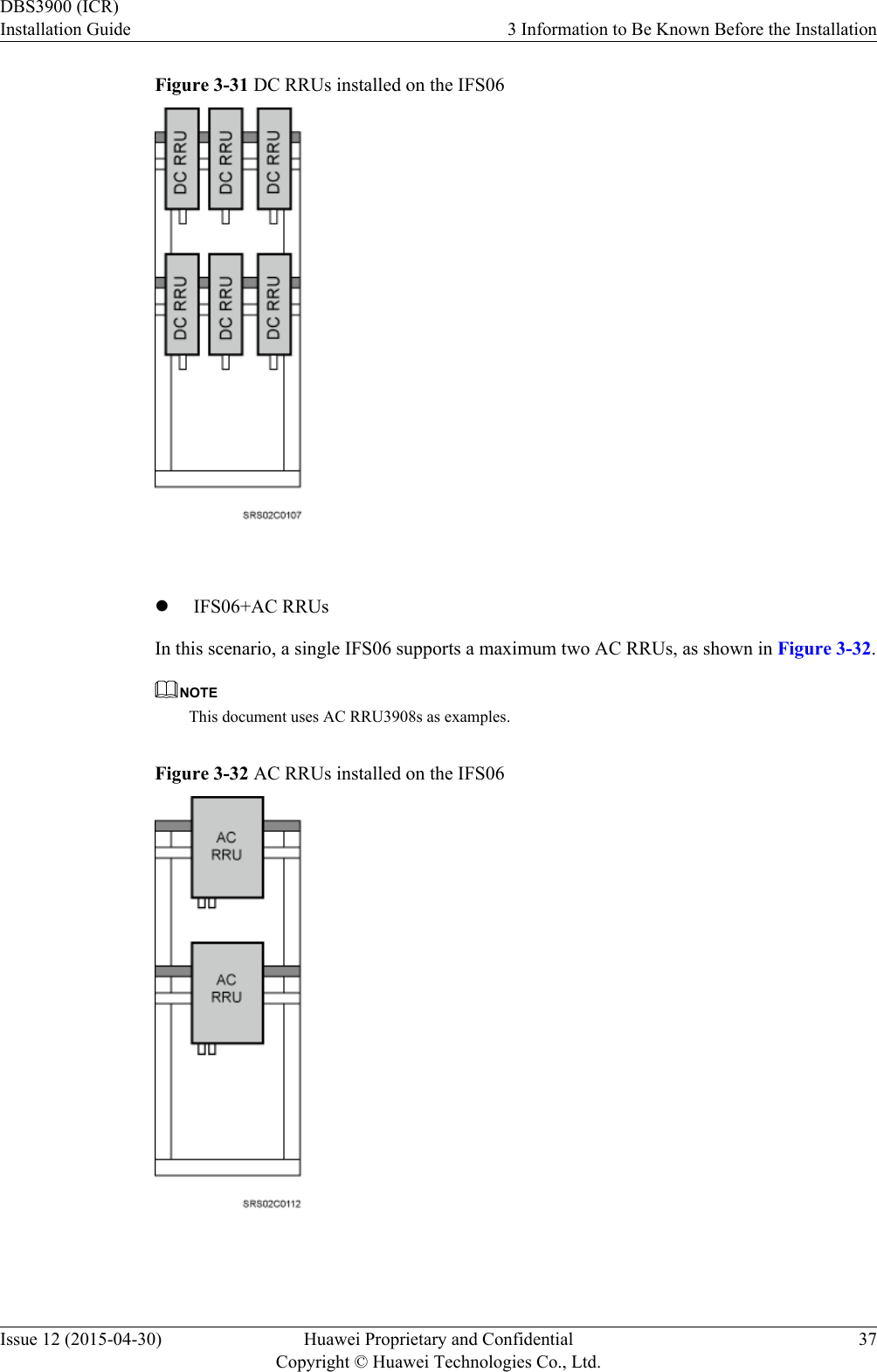 Figure 3-31 DC RRUs installed on the IFS06 lIFS06+AC RRUsIn this scenario, a single IFS06 supports a maximum two AC RRUs, as shown in Figure 3-32.NOTEThis document uses AC RRU3908s as examples.Figure 3-32 AC RRUs installed on the IFS06 DBS3900 (ICR)Installation Guide 3 Information to Be Known Before the InstallationIssue 12 (2015-04-30) Huawei Proprietary and ConfidentialCopyright © Huawei Technologies Co., Ltd.37