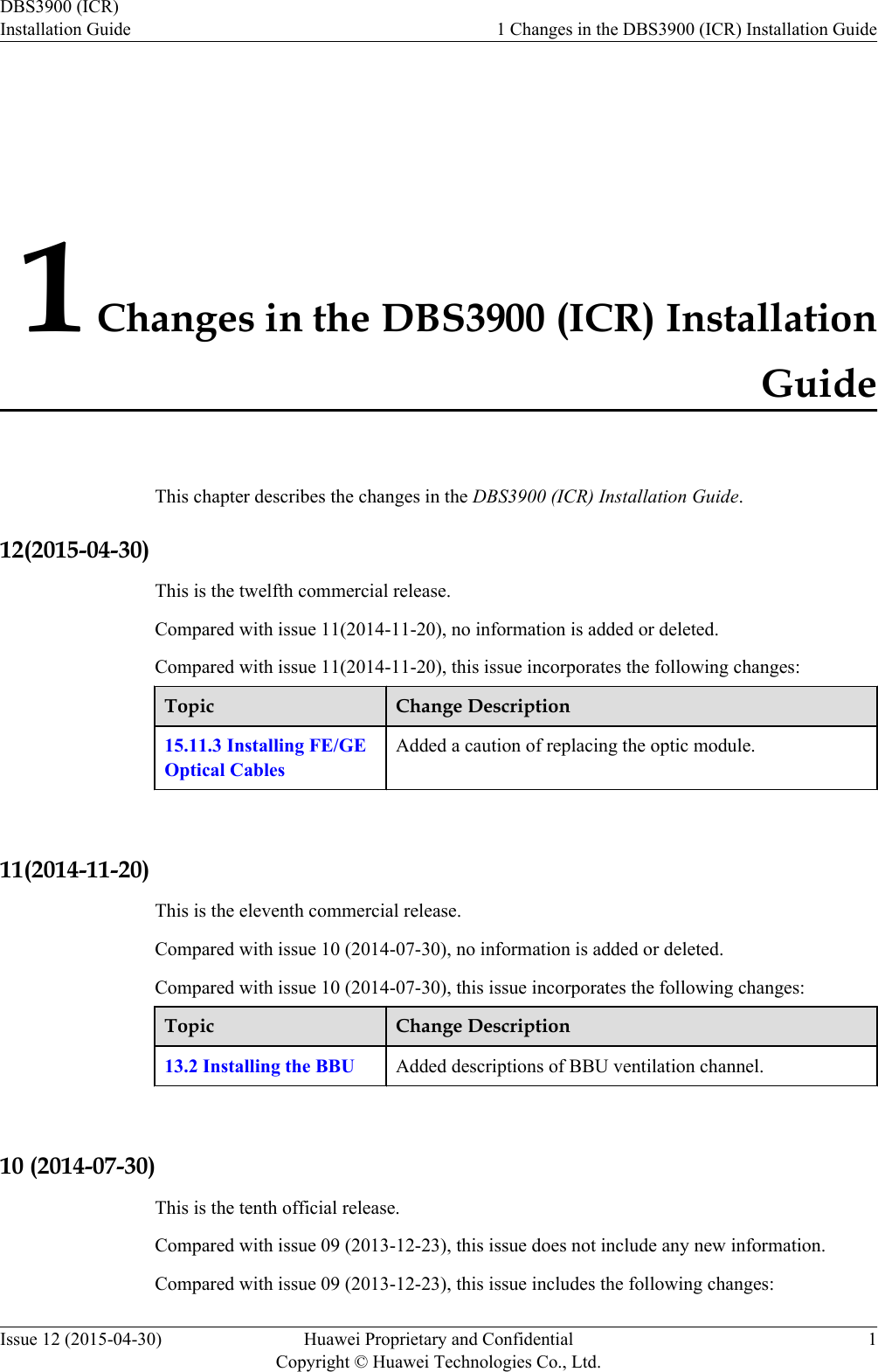 1 Changes in the DBS3900 (ICR) InstallationGuideThis chapter describes the changes in the DBS3900 (ICR) Installation Guide.12(2015-04-30)This is the twelfth commercial release.Compared with issue 11(2014-11-20), no information is added or deleted.Compared with issue 11(2014-11-20), this issue incorporates the following changes:Topic Change Description15.11.3 Installing FE/GEOptical CablesAdded a caution of replacing the optic module. 11(2014-11-20)This is the eleventh commercial release.Compared with issue 10 (2014-07-30), no information is added or deleted.Compared with issue 10 (2014-07-30), this issue incorporates the following changes:Topic Change Description13.2 Installing the BBU Added descriptions of BBU ventilation channel. 10 (2014-07-30)This is the tenth official release.Compared with issue 09 (2013-12-23), this issue does not include any new information.Compared with issue 09 (2013-12-23), this issue includes the following changes:DBS3900 (ICR)Installation Guide 1 Changes in the DBS3900 (ICR) Installation GuideIssue 12 (2015-04-30) Huawei Proprietary and ConfidentialCopyright © Huawei Technologies Co., Ltd.1