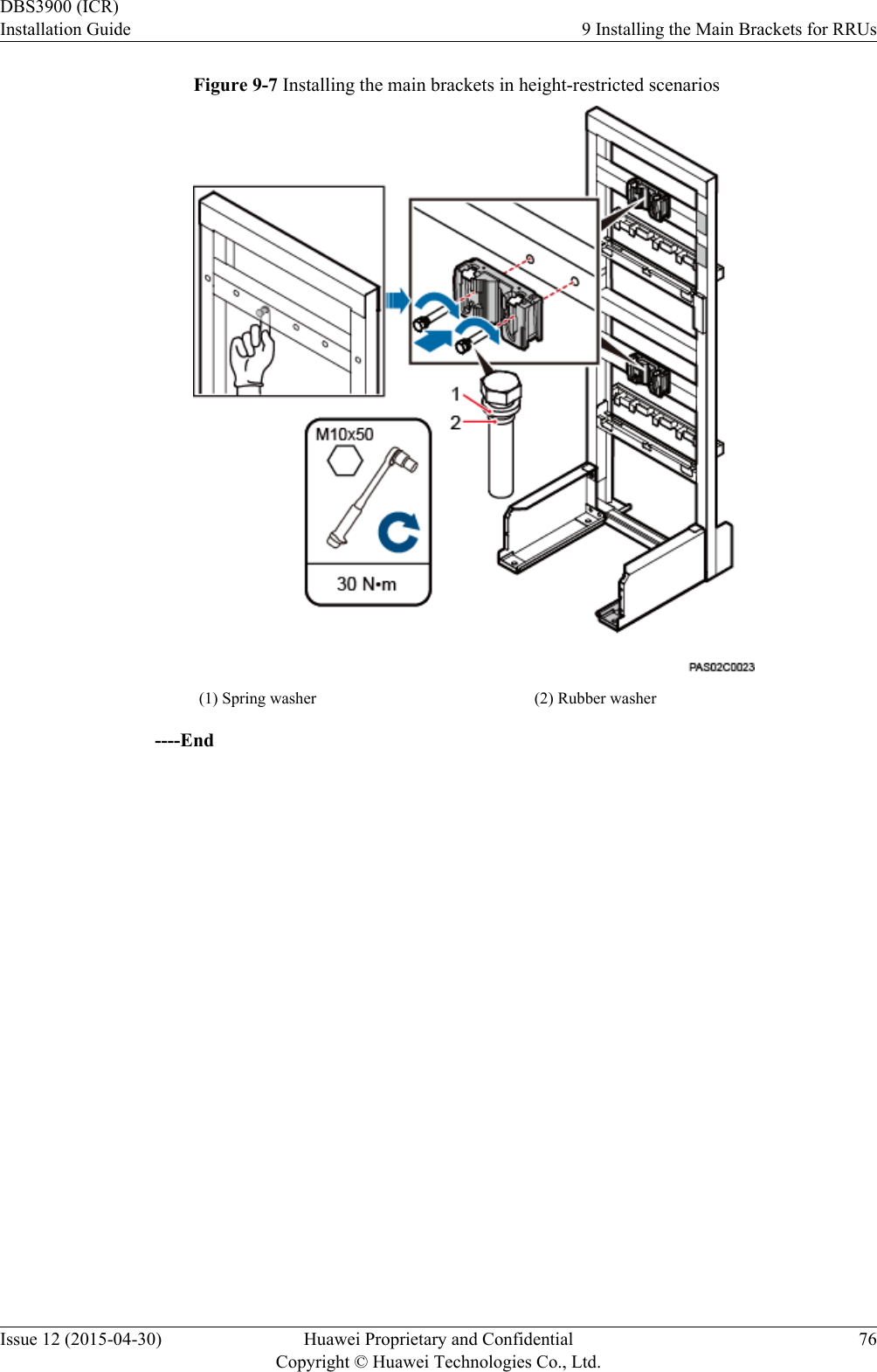 Figure 9-7 Installing the main brackets in height-restricted scenarios(1) Spring washer (2) Rubber washer----EndDBS3900 (ICR)Installation Guide 9 Installing the Main Brackets for RRUsIssue 12 (2015-04-30) Huawei Proprietary and ConfidentialCopyright © Huawei Technologies Co., Ltd.76