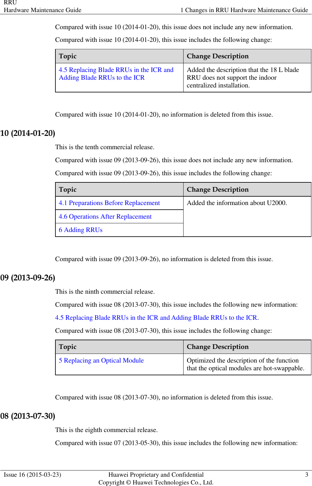 RRU Hardware Maintenance Guide 1 Changes in RRU Hardware Maintenance Guide  Issue 16 (2015-03-23) Huawei Proprietary and Confidential                                     Copyright © Huawei Technologies Co., Ltd. 3  Compared with issue 10 (2014-01-20), this issue does not include any new information. Compared with issue 10 (2014-01-20), this issue includes the following change: Topic Change Description 4.5 Replacing Blade RRUs in the ICR and Adding Blade RRUs to the ICR Added the description that the 18 L blade RRU does not support the indoor centralized installation.  Compared with issue 10 (2014-01-20), no information is deleted from this issue. 10 (2014-01-20) This is the tenth commercial release. Compared with issue 09 (2013-09-26), this issue does not include any new information. Compared with issue 09 (2013-09-26), this issue includes the following change: Topic Change Description 4.1 Preparations Before Replacement Added the information about U2000. 4.6 Operations After Replacement 6 Adding RRUs  Compared with issue 09 (2013-09-26), no information is deleted from this issue. 09 (2013-09-26) This is the ninth commercial release. Compared with issue 08 (2013-07-30), this issue includes the following new information: 4.5 Replacing Blade RRUs in the ICR and Adding Blade RRUs to the ICR. Compared with issue 08 (2013-07-30), this issue includes the following change: Topic Change Description 5 Replacing an Optical Module Optimized the description of the function that the optical modules are hot-swappable.  Compared with issue 08 (2013-07-30), no information is deleted from this issue. 08 (2013-07-30) This is the eighth commercial release. Compared with issue 07 (2013-05-30), this issue includes the following new information: 