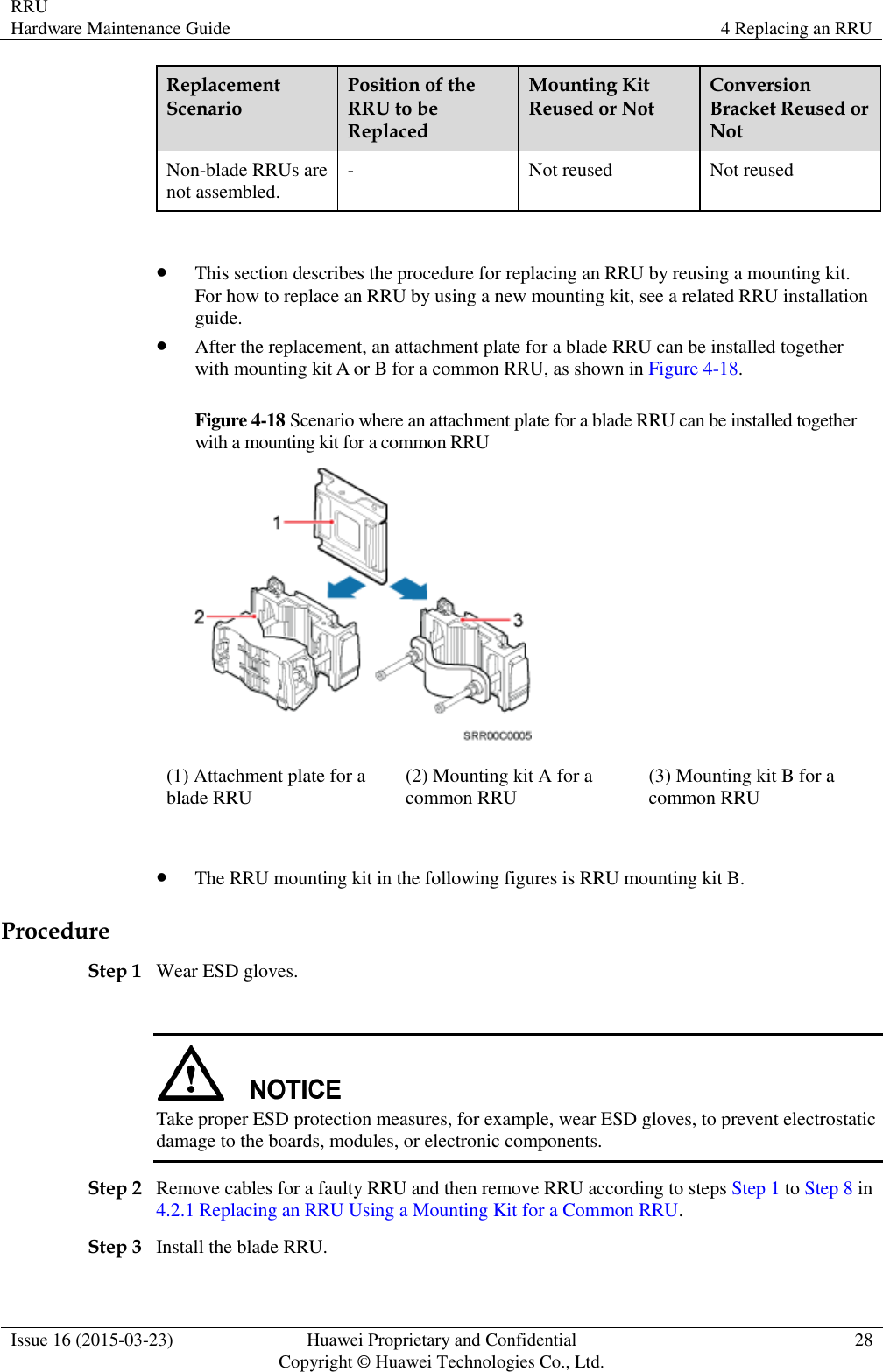 RRU Hardware Maintenance Guide 4 Replacing an RRU  Issue 16 (2015-03-23) Huawei Proprietary and Confidential                                     Copyright © Huawei Technologies Co., Ltd. 28  Replacement Scenario Position of the RRU to be Replaced Mounting Kit Reused or Not Conversion Bracket Reused or Not Non-blade RRUs are not assembled. - Not reused Not reused   This section describes the procedure for replacing an RRU by reusing a mounting kit. For how to replace an RRU by using a new mounting kit, see a related RRU installation guide.  After the replacement, an attachment plate for a blade RRU can be installed together with mounting kit A or B for a common RRU, as shown in Figure 4-18. Figure 4-18 Scenario where an attachment plate for a blade RRU can be installed together with a mounting kit for a common RRU  (1) Attachment plate for a blade RRU   (2) Mounting kit A for a common RRU (3) Mounting kit B for a common RRU   The RRU mounting kit in the following figures is RRU mounting kit B. Procedure Step 1 Wear ESD gloves.   Take proper ESD protection measures, for example, wear ESD gloves, to prevent electrostatic damage to the boards, modules, or electronic components. Step 2 Remove cables for a faulty RRU and then remove RRU according to steps Step 1 to Step 8 in 4.2.1 Replacing an RRU Using a Mounting Kit for a Common RRU. Step 3 Install the blade RRU. 