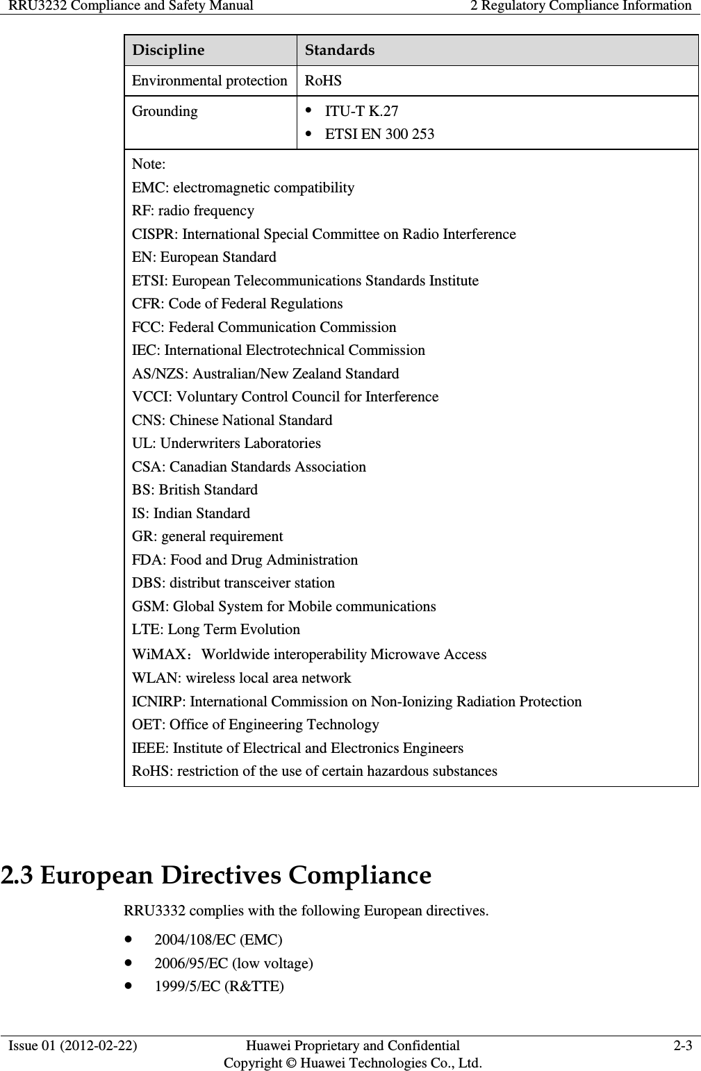 RRU3232 Compliance and Safety Manual 2 Regulatory Compliance Information  Issue 01 (2012-02-22) Huawei Proprietary and Confidential         Copyright © Huawei Technologies Co., Ltd. 2-3  Discipline Standards Environmental protection RoHS Grounding  ITU-T K.27  ETSI EN 300 253 Note: EMC: electromagnetic compatibility RF: radio frequency CISPR: International Special Committee on Radio Interference EN: European Standard ETSI: European Telecommunications Standards Institute CFR: Code of Federal Regulations FCC: Federal Communication Commission IEC: International Electrotechnical Commission AS/NZS: Australian/New Zealand Standard VCCI: Voluntary Control Council for Interference CNS: Chinese National Standard UL: Underwriters Laboratories CSA: Canadian Standards Association BS: British Standard IS: Indian Standard GR: general requirement FDA: Food and Drug Administration DBS: distribut transceiver station GSM: Global System for Mobile communications LTE: Long Term Evolution WiMAX：Worldwide interoperability Microwave Access WLAN: wireless local area network ICNIRP: International Commission on Non-Ionizing Radiation Protection OET: Office of Engineering Technology IEEE: Institute of Electrical and Electronics Engineers RoHS: restriction of the use of certain hazardous substances  2.3 European Directives Compliance RRU3332 complies with the following European directives.    2004/108/EC (EMC)  2006/95/EC (low voltage)  1999/5/EC (R&amp;TTE) 