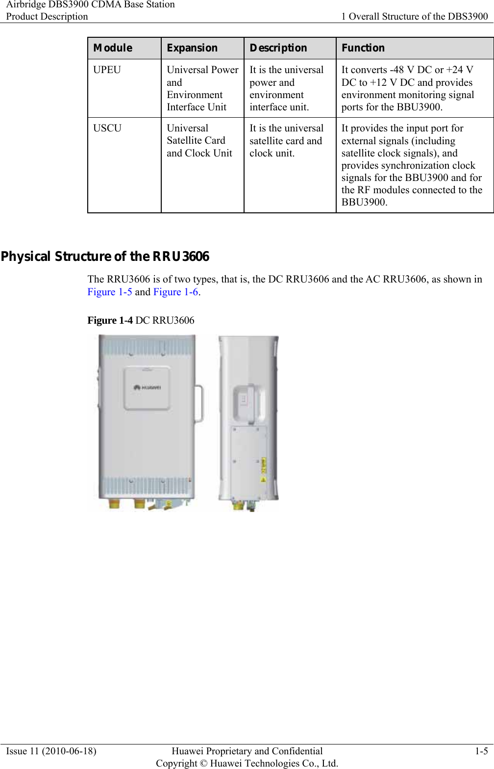 Airbridge DBS3900 CDMA Base Station Product Description  1 Overall Structure of the DBS3900 Issue 11 (2010-06-18)  Huawei Proprietary and Confidential         Copyright © Huawei Technologies Co., Ltd.1-5 Module  Expansion  Description  Function UPEU Universal Power and Environment Interface Unit It is the universal power and environment interface unit. It converts -48 V DC or +24 V DC to +12 V DC and provides environment monitoring signal ports for the BBU3900. USCU Universal Satellite Card and Clock Unit It is the universal satellite card and clock unit. It provides the input port for external signals (including satellite clock signals), and provides synchronization clock signals for the BBU3900 and for the RF modules connected to the BBU3900.  Physical Structure of the RRU3606 The RRU3606 is of two types, that is, the DC RRU3606 and the AC RRU3606, as shown in Figure 1-5 and Figure 1-6. Figure 1-4 DC RRU3606   