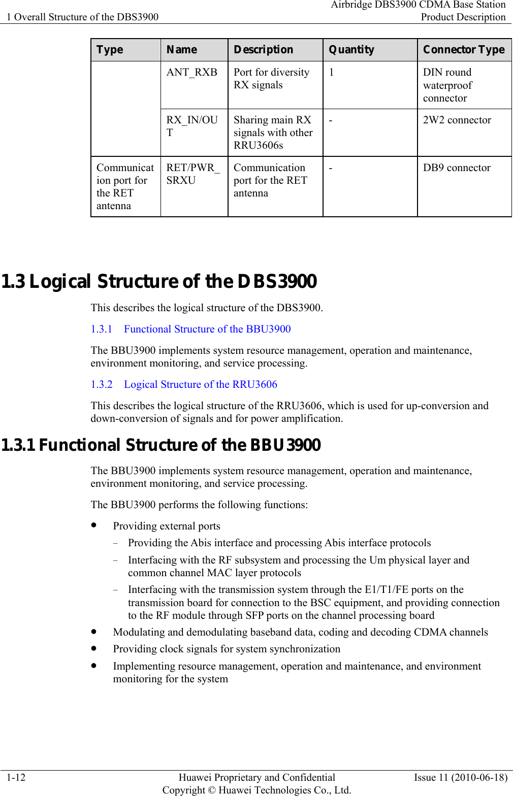 1 Overall Structure of the DBS3900 Airbridge DBS3900 CDMA Base StationProduct Description 1-12  Huawei Proprietary and Confidential     Copyright © Huawei Technologies Co., Ltd.Issue 11 (2010-06-18) Type   Name  Description   Quantity  Connector Type  ANT_RXB  Port for diversity RX signals   1 DIN round waterproof connector  RX_IN/OUT Sharing main RX signals with other RRU3606s  - 2W2 connector Communication port for the RET antenna  RET/PWR_SRXU Communication port for the RET antenna  - DB9 connector  1.3 Logical Structure of the DBS3900 This describes the logical structure of the DBS3900. 1.3.1    Functional Structure of the BBU3900 The BBU3900 implements system resource management, operation and maintenance, environment monitoring, and service processing. 1.3.2    Logical Structure of the RRU3606 This describes the logical structure of the RRU3606, which is used for up-conversion and down-conversion of signals and for power amplification. 1.3.1 Functional Structure of the BBU3900 The BBU3900 implements system resource management, operation and maintenance, environment monitoring, and service processing. The BBU3900 performs the following functions: z Providing external ports − Providing the Abis interface and processing Abis interface protocols − Interfacing with the RF subsystem and processing the Um physical layer and common channel MAC layer protocols − Interfacing with the transmission system through the E1/T1/FE ports on the transmission board for connection to the BSC equipment, and providing connection to the RF module through SFP ports on the channel processing board z Modulating and demodulating baseband data, coding and decoding CDMA channels z Providing clock signals for system synchronization z Implementing resource management, operation and maintenance, and environment monitoring for the system 