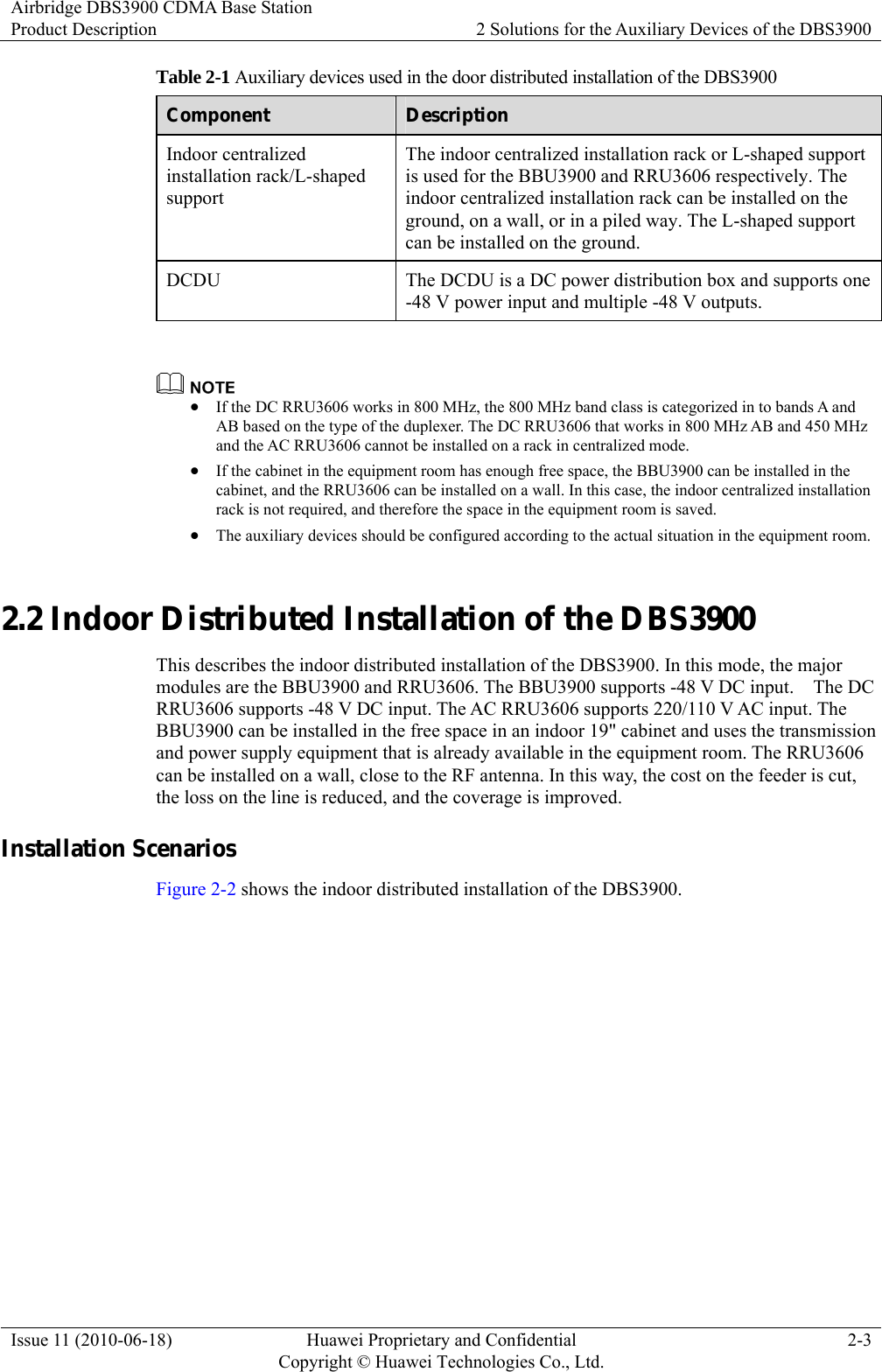 Airbridge DBS3900 CDMA Base Station Product Description  2 Solutions for the Auxiliary Devices of the DBS3900 Issue 11 (2010-06-18)  Huawei Proprietary and Confidential         Copyright © Huawei Technologies Co., Ltd.2-3 Table 2-1 Auxiliary devices used in the door distributed installation of the DBS3900 Component  Description Indoor centralized installation rack/L-shaped support The indoor centralized installation rack or L-shaped support is used for the BBU3900 and RRU3606 respectively. The indoor centralized installation rack can be installed on the ground, on a wall, or in a piled way. The L-shaped support can be installed on the ground. DCDU  The DCDU is a DC power distribution box and supports one -48 V power input and multiple -48 V outputs.   z If the DC RRU3606 works in 800 MHz, the 800 MHz band class is categorized in to bands A and AB based on the type of the duplexer. The DC RRU3606 that works in 800 MHz AB and 450 MHz and the AC RRU3606 cannot be installed on a rack in centralized mode. z If the cabinet in the equipment room has enough free space, the BBU3900 can be installed in the cabinet, and the RRU3606 can be installed on a wall. In this case, the indoor centralized installation rack is not required, and therefore the space in the equipment room is saved. z The auxiliary devices should be configured according to the actual situation in the equipment room. 2.2 Indoor Distributed Installation of the DBS3900 This describes the indoor distributed installation of the DBS3900. In this mode, the major modules are the BBU3900 and RRU3606. The BBU3900 supports -48 V DC input.    The DC RRU3606 supports -48 V DC input. The AC RRU3606 supports 220/110 V AC input. The BBU3900 can be installed in the free space in an indoor 19&quot; cabinet and uses the transmission and power supply equipment that is already available in the equipment room. The RRU3606 can be installed on a wall, close to the RF antenna. In this way, the cost on the feeder is cut, the loss on the line is reduced, and the coverage is improved. Installation Scenarios Figure 2-2 shows the indoor distributed installation of the DBS3900. 