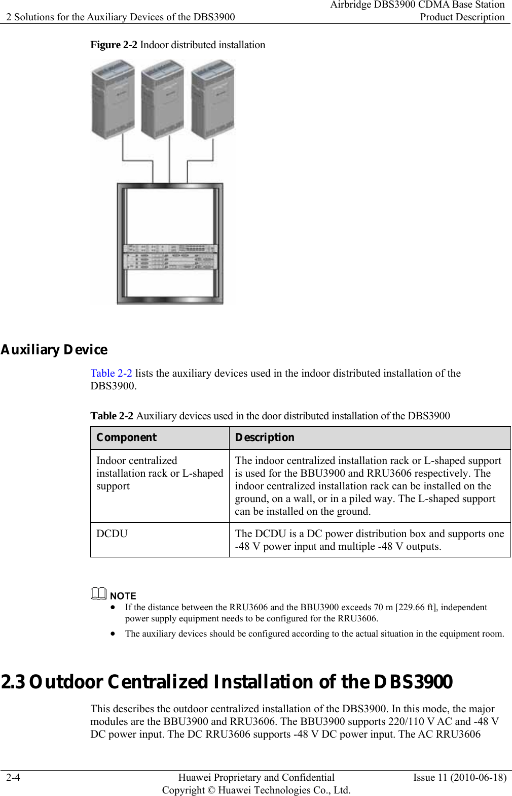 2 Solutions for the Auxiliary Devices of the DBS3900 Airbridge DBS3900 CDMA Base StationProduct Description 2-4  Huawei Proprietary and Confidential     Copyright © Huawei Technologies Co., Ltd.Issue 11 (2010-06-18) Figure 2-2 Indoor distributed installation   Auxiliary Device Table 2-2 lists the auxiliary devices used in the indoor distributed installation of the DBS3900. Table 2-2 Auxiliary devices used in the door distributed installation of the DBS3900 Component  Description Indoor centralized installation rack or L-shaped support The indoor centralized installation rack or L-shaped support is used for the BBU3900 and RRU3606 respectively. The indoor centralized installation rack can be installed on the ground, on a wall, or in a piled way. The L-shaped support can be installed on the ground. DCDU  The DCDU is a DC power distribution box and supports one -48 V power input and multiple -48 V outputs.   z If the distance between the RRU3606 and the BBU3900 exceeds 70 m [229.66 ft], independent power supply equipment needs to be configured for the RRU3606. z The auxiliary devices should be configured according to the actual situation in the equipment room. 2.3 Outdoor Centralized Installation of the DBS3900 This describes the outdoor centralized installation of the DBS3900. In this mode, the major modules are the BBU3900 and RRU3606. The BBU3900 supports 220/110 V AC and -48 V DC power input. The DC RRU3606 supports -48 V DC power input. The AC RRU3606 