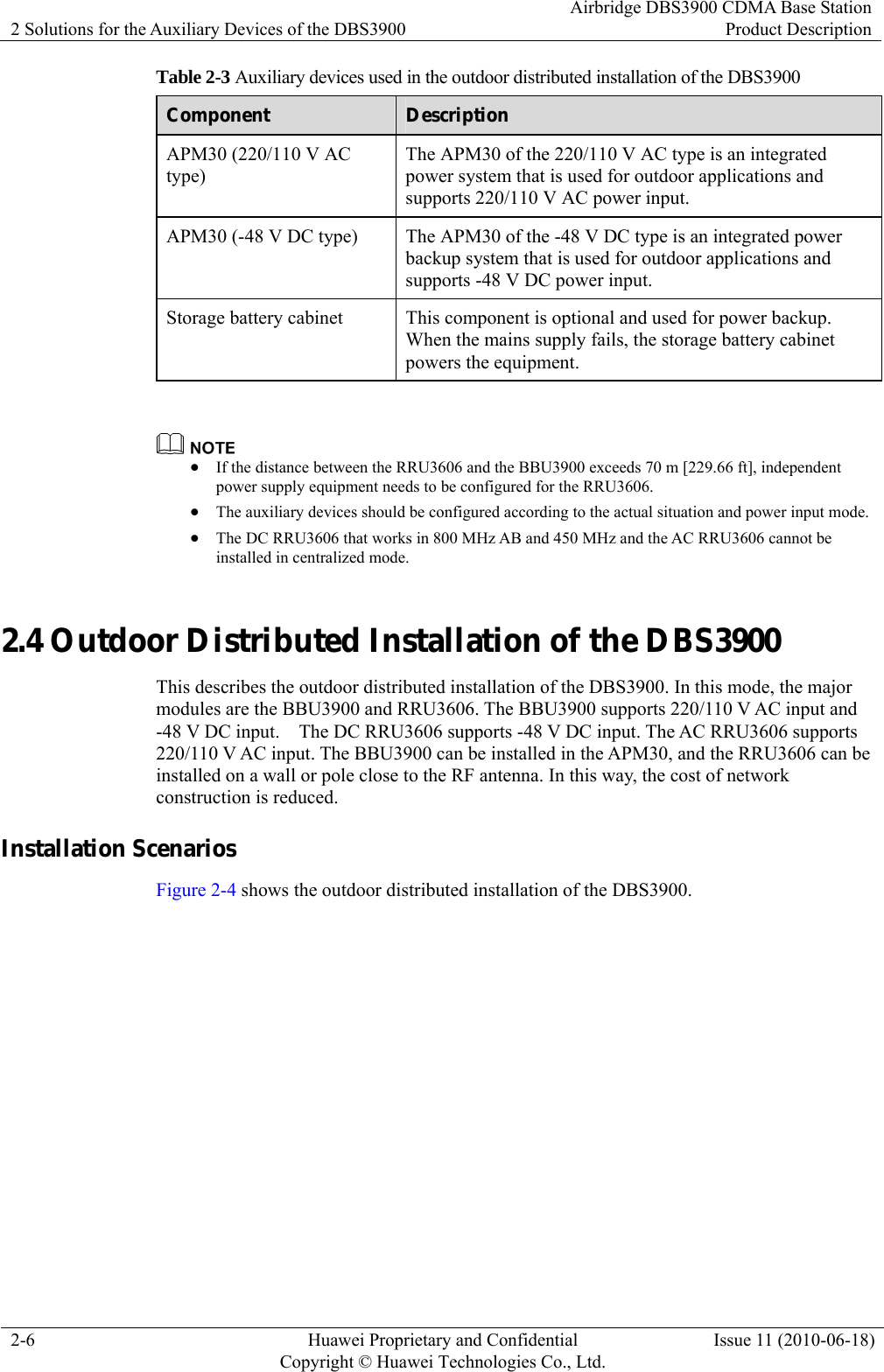 2 Solutions for the Auxiliary Devices of the DBS3900 Airbridge DBS3900 CDMA Base StationProduct Description 2-6  Huawei Proprietary and Confidential     Copyright © Huawei Technologies Co., Ltd.Issue 11 (2010-06-18) Table 2-3 Auxiliary devices used in the outdoor distributed installation of the DBS3900 Component  Description APM30 (220/110 V AC type) The APM30 of the 220/110 V AC type is an integrated power system that is used for outdoor applications and supports 220/110 V AC power input. APM30 (-48 V DC type)  The APM30 of the -48 V DC type is an integrated power backup system that is used for outdoor applications and supports -48 V DC power input. Storage battery cabinet  This component is optional and used for power backup. When the mains supply fails, the storage battery cabinet powers the equipment.   z If the distance between the RRU3606 and the BBU3900 exceeds 70 m [229.66 ft], independent power supply equipment needs to be configured for the RRU3606. z The auxiliary devices should be configured according to the actual situation and power input mode. z The DC RRU3606 that works in 800 MHz AB and 450 MHz and the AC RRU3606 cannot be installed in centralized mode. 2.4 Outdoor Distributed Installation of the DBS3900 This describes the outdoor distributed installation of the DBS3900. In this mode, the major modules are the BBU3900 and RRU3606. The BBU3900 supports 220/110 V AC input and -48 V DC input.    The DC RRU3606 supports -48 V DC input. The AC RRU3606 supports 220/110 V AC input. The BBU3900 can be installed in the APM30, and the RRU3606 can be installed on a wall or pole close to the RF antenna. In this way, the cost of network construction is reduced. Installation Scenarios Figure 2-4 shows the outdoor distributed installation of the DBS3900. 