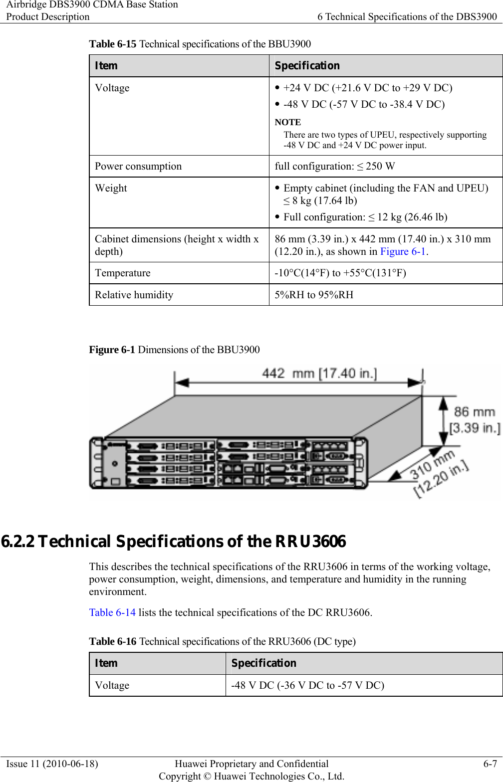 Airbridge DBS3900 CDMA Base Station Product Description  6 Technical Specifications of the DBS3900 Issue 11 (2010-06-18)  Huawei Proprietary and Confidential         Copyright © Huawei Technologies Co., Ltd.6-7 Table 6-15 Technical specifications of the BBU3900 Item  Specification Voltage  z +24 V DC (+21.6 V DC to +29 V DC) z -48 V DC (-57 V DC to -38.4 V DC) NOTE There are two types of UPEU, respectively supporting -48 V DC and +24 V DC power input. Power consumption  full configuration: ≤ 250 W Weight  z Empty cabinet (including the FAN and UPEU) ≤ 8 kg (17.64 lb) z Full configuration: ≤ 12 kg (26.46 lb) Cabinet dimensions (height x width x depth) 86 mm (3.39 in.) x 442 mm (17.40 in.) x 310 mm (12.20 in.), as shown in Figure 6-1. Temperature  -10°C(14°F) to +55°C(131°F) Relative humidity  5%RH to 95%RH  Figure 6-1 Dimensions of the BBU3900   6.2.2 Technical Specifications of the RRU3606 This describes the technical specifications of the RRU3606 in terms of the working voltage, power consumption, weight, dimensions, and temperature and humidity in the running environment. Table 6-14 lists the technical specifications of the DC RRU3606. Table 6-16 Technical specifications of the RRU3606 (DC type)   Item  Specification Voltage  -48 V DC (-36 V DC to -57 V DC) 