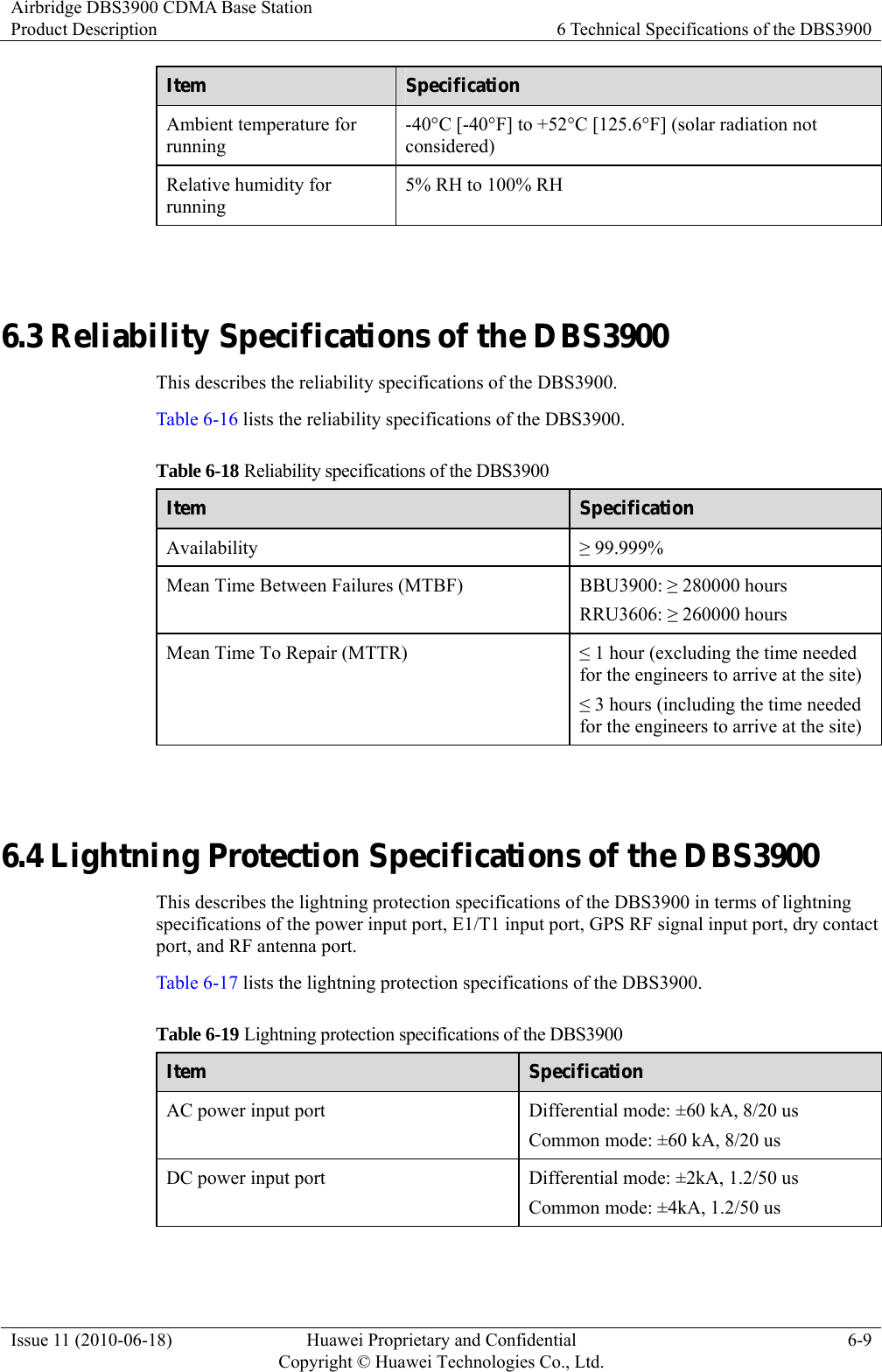 Airbridge DBS3900 CDMA Base Station Product Description  6 Technical Specifications of the DBS3900 Issue 11 (2010-06-18)  Huawei Proprietary and Confidential         Copyright © Huawei Technologies Co., Ltd.6-9 Item  Specification Ambient temperature for running -40°C [-40°F] to +52°C [125.6°F] (solar radiation not considered) Relative humidity for running 5% RH to 100% RH  6.3 Reliability Specifications of the DBS3900 This describes the reliability specifications of the DBS3900. Table 6-16 lists the reliability specifications of the DBS3900. Table 6-18 Reliability specifications of the DBS3900 Item  Specification Availability  ≥ 99.999% Mean Time Between Failures (MTBF)    BBU3900: ≥ 280000 hours RRU3606: ≥ 260000 hours Mean Time To Repair (MTTR)    ≤ 1 hour (excluding the time needed for the engineers to arrive at the site) ≤ 3 hours (including the time needed for the engineers to arrive at the site)  6.4 Lightning Protection Specifications of the DBS3900 This describes the lightning protection specifications of the DBS3900 in terms of lightning specifications of the power input port, E1/T1 input port, GPS RF signal input port, dry contact port, and RF antenna port. Table 6-17 lists the lightning protection specifications of the DBS3900. Table 6-19 Lightning protection specifications of the DBS3900 Item  Specification AC power input port  Differential mode: ±60 kA, 8/20 us Common mode: ±60 kA, 8/20 us DC power input port  Differential mode: ±2kA, 1.2/50 us Common mode: ±4kA, 1.2/50 us 