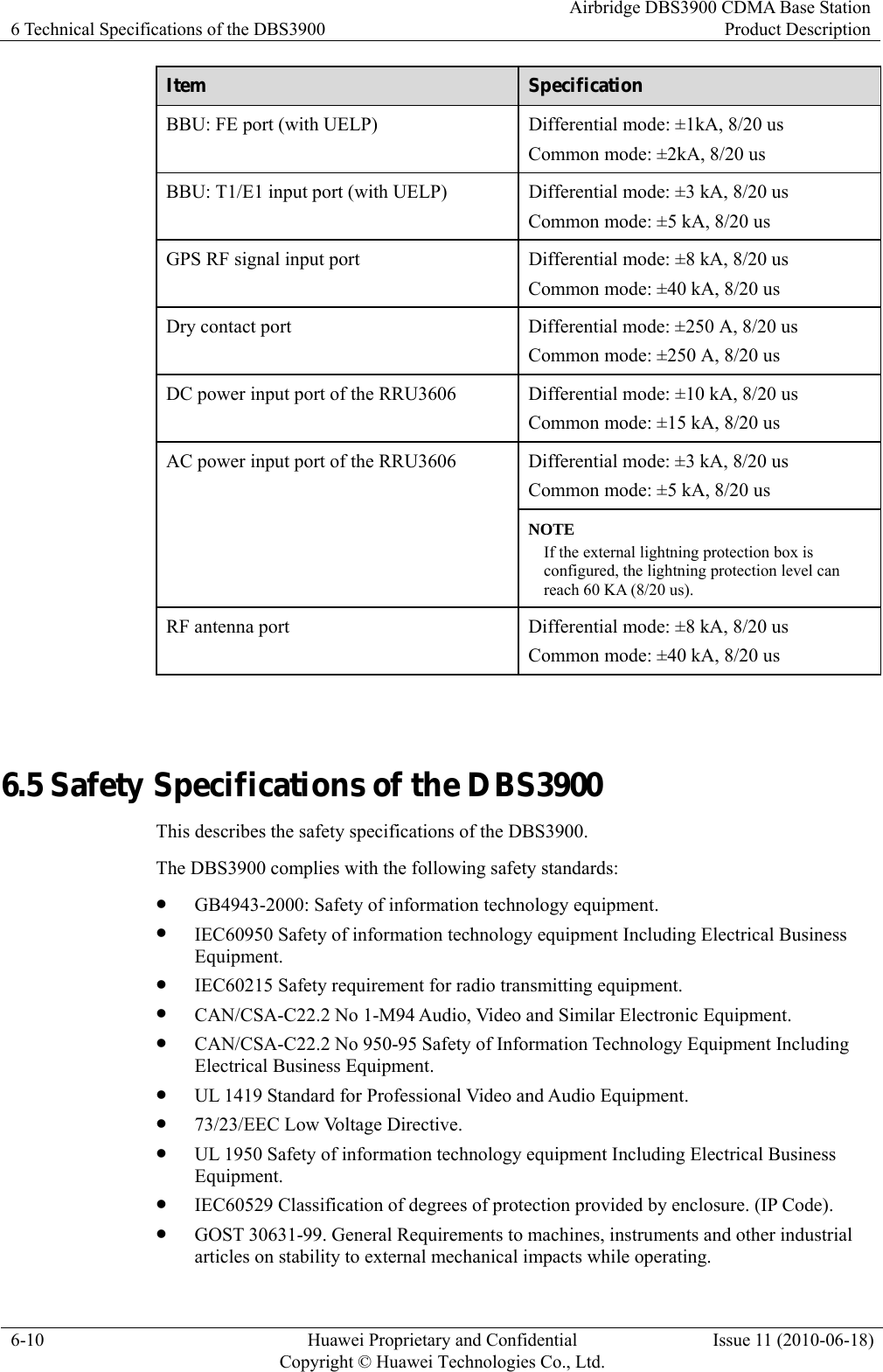 6 Technical Specifications of the DBS3900 Airbridge DBS3900 CDMA Base StationProduct Description 6-10  Huawei Proprietary and Confidential     Copyright © Huawei Technologies Co., Ltd.Issue 11 (2010-06-18) Item  Specification BBU: FE port (with UELP)  Differential mode: ±1kA, 8/20 us Common mode: ±2kA, 8/20 us BBU: T1/E1 input port (with UELP)  Differential mode: ±3 kA, 8/20 us Common mode: ±5 kA, 8/20 us GPS RF signal input port  Differential mode: ±8 kA, 8/20 us Common mode: ±40 kA, 8/20 us Dry contact port  Differential mode: ±250 A, 8/20 us Common mode: ±250 A, 8/20 us DC power input port of the RRU3606  Differential mode: ±10 kA, 8/20 us Common mode: ±15 kA, 8/20 us Differential mode: ±3 kA, 8/20 us Common mode: ±5 kA, 8/20 us AC power input port of the RRU3606 NOTE If the external lightning protection box is configured, the lightning protection level can reach 60 KA (8/20 us). RF antenna port  Differential mode: ±8 kA, 8/20 us Common mode: ±40 kA, 8/20 us  6.5 Safety Specifications of the DBS3900 This describes the safety specifications of the DBS3900. The DBS3900 complies with the following safety standards: z GB4943-2000: Safety of information technology equipment. z IEC60950 Safety of information technology equipment Including Electrical Business Equipment. z IEC60215 Safety requirement for radio transmitting equipment. z CAN/CSA-C22.2 No 1-M94 Audio, Video and Similar Electronic Equipment. z CAN/CSA-C22.2 No 950-95 Safety of Information Technology Equipment Including Electrical Business Equipment. z UL 1419 Standard for Professional Video and Audio Equipment. z 73/23/EEC Low Voltage Directive. z UL 1950 Safety of information technology equipment Including Electrical Business Equipment. z IEC60529 Classification of degrees of protection provided by enclosure. (IP Code). z GOST 30631-99. General Requirements to machines, instruments and other industrial articles on stability to external mechanical impacts while operating. 
