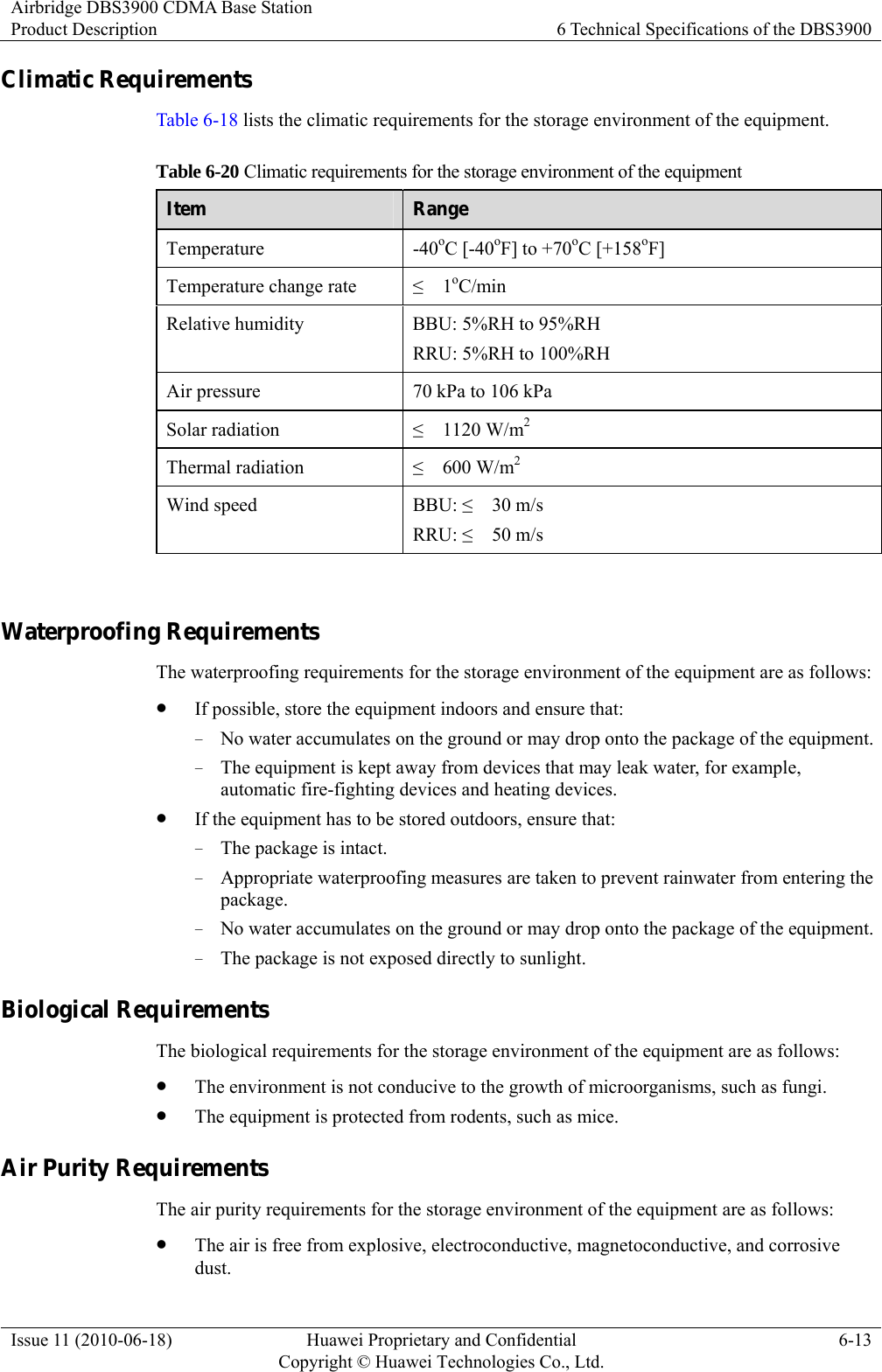 Airbridge DBS3900 CDMA Base Station Product Description  6 Technical Specifications of the DBS3900 Issue 11 (2010-06-18)  Huawei Proprietary and Confidential         Copyright © Huawei Technologies Co., Ltd.6-13 Climatic Requirements Table 6-18 lists the climatic requirements for the storage environment of the equipment. Table 6-20 Climatic requirements for the storage environment of the equipment Item  Range Temperature -40oC [-40oF] to +70oC [+158oF] Temperature change rate  ≤  1oC/min Relative humidity  BBU: 5%RH to 95%RH RRU: 5%RH to 100%RH Air pressure  70 kPa to 106 kPa Solar radiation  ≤  1120 W/m2 Thermal radiation  ≤  600 W/m2 Wind speed  BBU: ≤  30 m/s RRU: ≤  50 m/s  Waterproofing Requirements The waterproofing requirements for the storage environment of the equipment are as follows: z If possible, store the equipment indoors and ensure that: − No water accumulates on the ground or may drop onto the package of the equipment. − The equipment is kept away from devices that may leak water, for example, automatic fire-fighting devices and heating devices. z If the equipment has to be stored outdoors, ensure that: − The package is intact. − Appropriate waterproofing measures are taken to prevent rainwater from entering the package. − No water accumulates on the ground or may drop onto the package of the equipment. − The package is not exposed directly to sunlight. Biological Requirements The biological requirements for the storage environment of the equipment are as follows: z The environment is not conducive to the growth of microorganisms, such as fungi. z The equipment is protected from rodents, such as mice. Air Purity Requirements The air purity requirements for the storage environment of the equipment are as follows: z The air is free from explosive, electroconductive, magnetoconductive, and corrosive dust. 