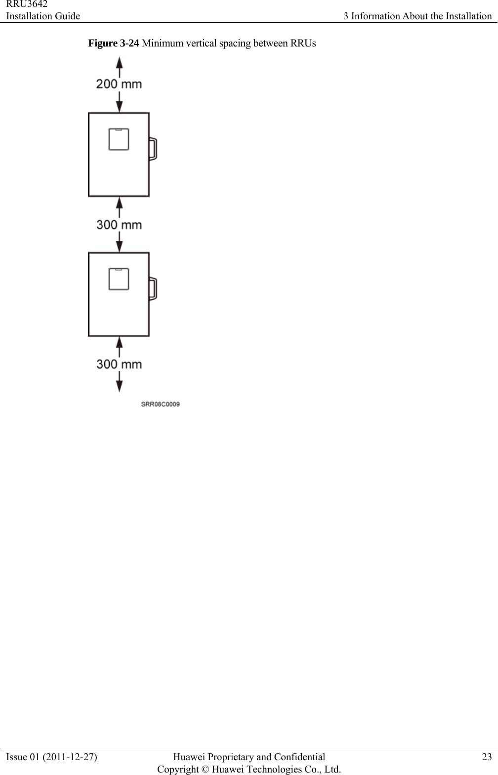 RRU3642 Installation Guide  3 Information About the Installation Issue 01 (2011-12-27)  Huawei Proprietary and Confidential         Copyright © Huawei Technologies Co., Ltd.23 Figure 3-24 Minimum vertical spacing between RRUs  