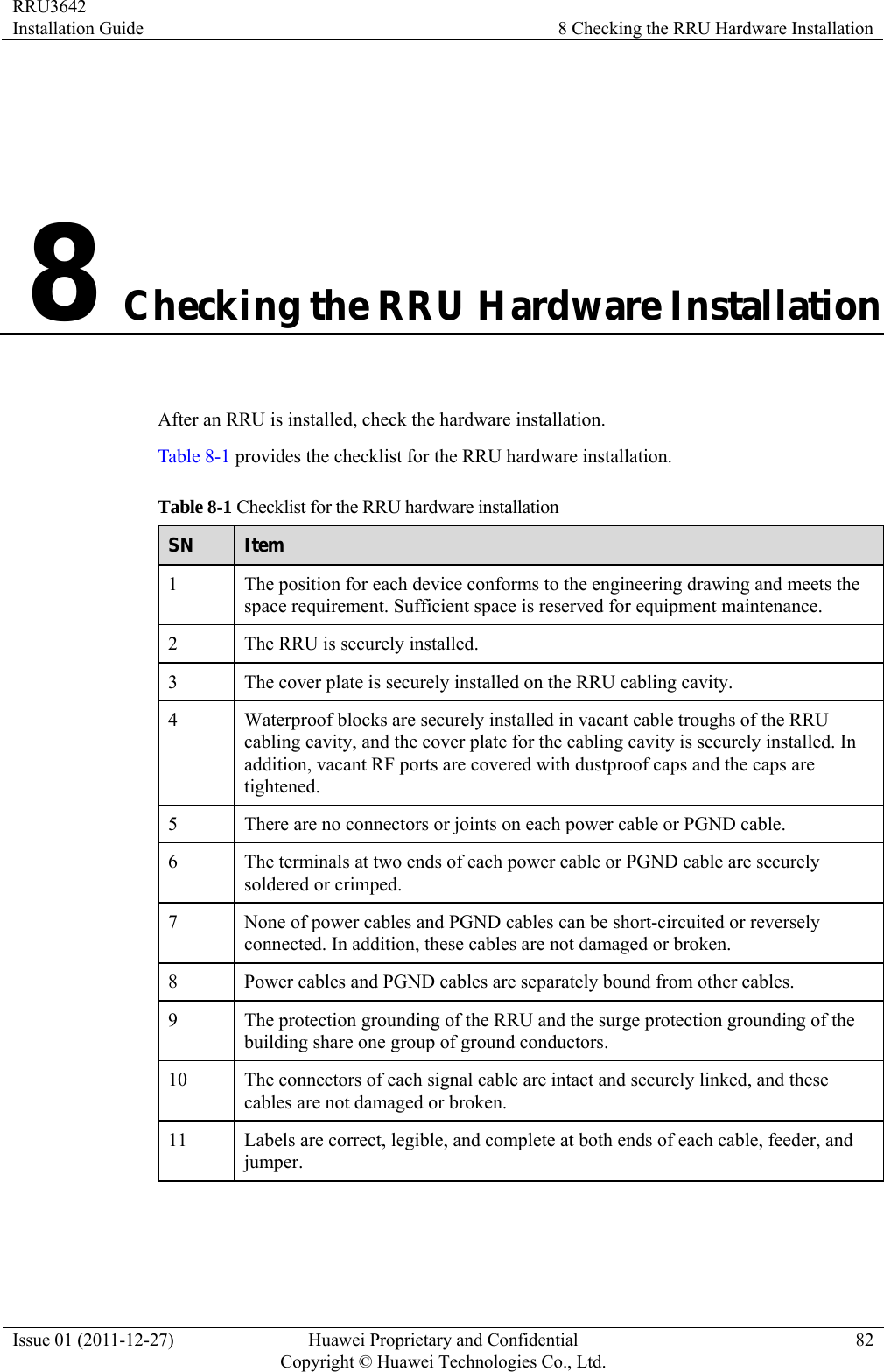 RRU3642 Installation Guide  8 Checking the RRU Hardware Installation Issue 01 (2011-12-27)  Huawei Proprietary and Confidential         Copyright © Huawei Technologies Co., Ltd.82 8 Checking the RRU Hardware Installation After an RRU is installed, check the hardware installation.   Table 8-1 provides the checklist for the RRU hardware installation. Table 8-1 Checklist for the RRU hardware installation SN  Item 1  The position for each device conforms to the engineering drawing and meets the space requirement. Sufficient space is reserved for equipment maintenance.   2  The RRU is securely installed. 3  The cover plate is securely installed on the RRU cabling cavity.   4  Waterproof blocks are securely installed in vacant cable troughs of the RRU cabling cavity, and the cover plate for the cabling cavity is securely installed. In addition, vacant RF ports are covered with dustproof caps and the caps are tightened. 5  There are no connectors or joints on each power cable or PGND cable.   6  The terminals at two ends of each power cable or PGND cable are securely soldered or crimped. 7  None of power cables and PGND cables can be short-circuited or reversely connected. In addition, these cables are not damaged or broken. 8  Power cables and PGND cables are separately bound from other cables.   9  The protection grounding of the RRU and the surge protection grounding of the building share one group of ground conductors. 10  The connectors of each signal cable are intact and securely linked, and these cables are not damaged or broken. 11  Labels are correct, legible, and complete at both ends of each cable, feeder, and jumper. 