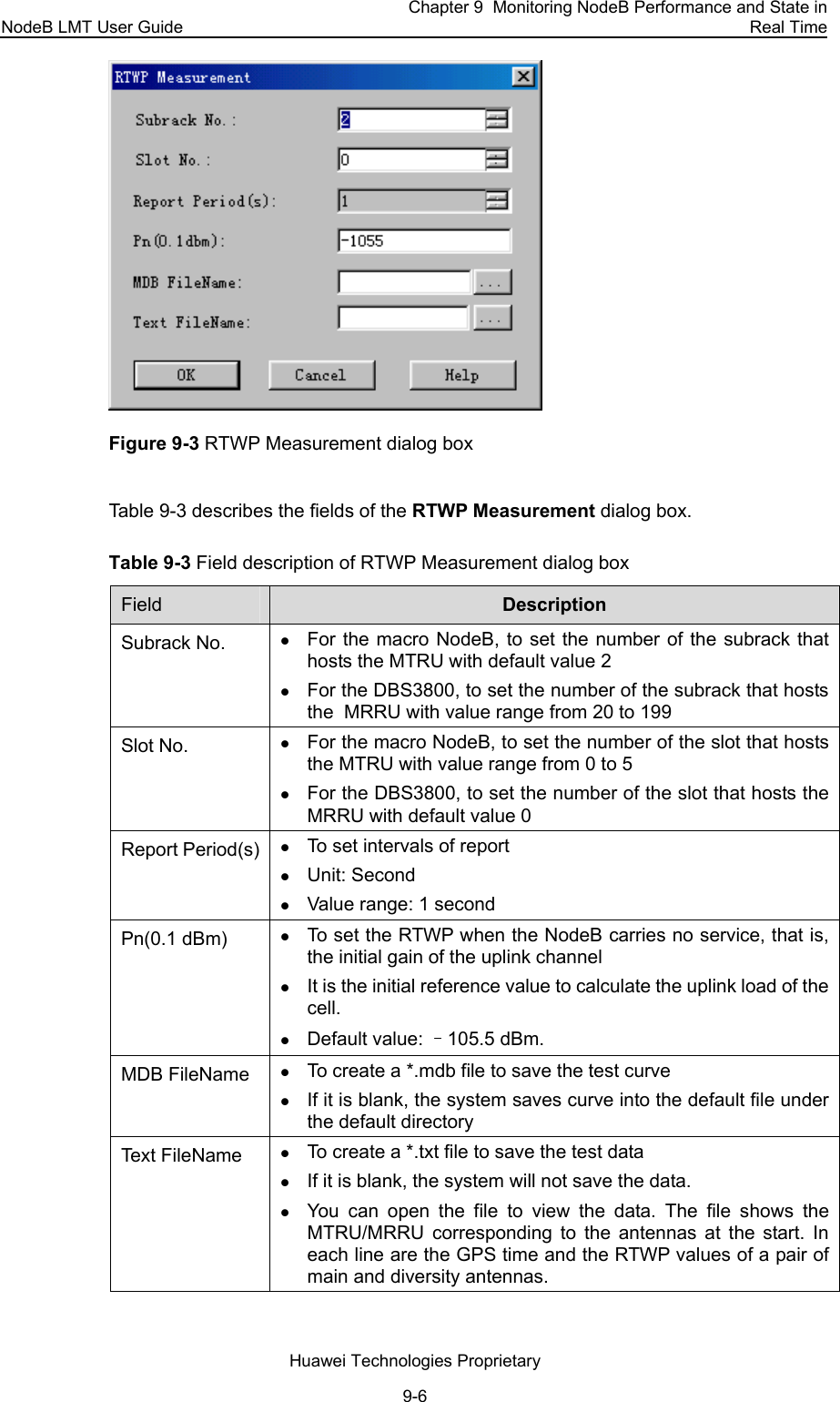NodeB LMT User Guide Chapter 9  Monitoring NodeB Performance and State in Real Time Huawei Technologies Proprietary 9-6  Figure 9-3 RTWP Measurement dialog box  Table 9-3 describes the fields of the RTWP Measurement dialog box.  Table 9-3 Field description of RTWP Measurement dialog box  Field   Description  Subrack No. z For the macro NodeB, to set the number of the subrack that hosts the MTRU with default value 2  z For the DBS3800, to set the number of the subrack that hosts the  MRRU with value range from 20 to 199  Slot No. z For the macro NodeB, to set the number of the slot that hosts the MTRU with value range from 0 to 5  z For the DBS3800, to set the number of the slot that hosts the MRRU with default value 0  Report Period(s) z To set intervals of report z Unit: Second z Value range: 1 second Pn(0.1 dBm) z To set the RTWP when the NodeB carries no service, that is, the initial gain of the uplink channel z It is the initial reference value to calculate the uplink load of the cell. z Default value: –105.5 dBm. MDB FileName z To create a *.mdb file to save the test curve z If it is blank, the system saves curve into the default file under the default directory Text FileName z To create a *.txt file to save the test data z If it is blank, the system will not save the data. z You can open the file to view the data. The file shows the MTRU/MRRU corresponding to the antennas at the start. In each line are the GPS time and the RTWP values of a pair of main and diversity antennas.  