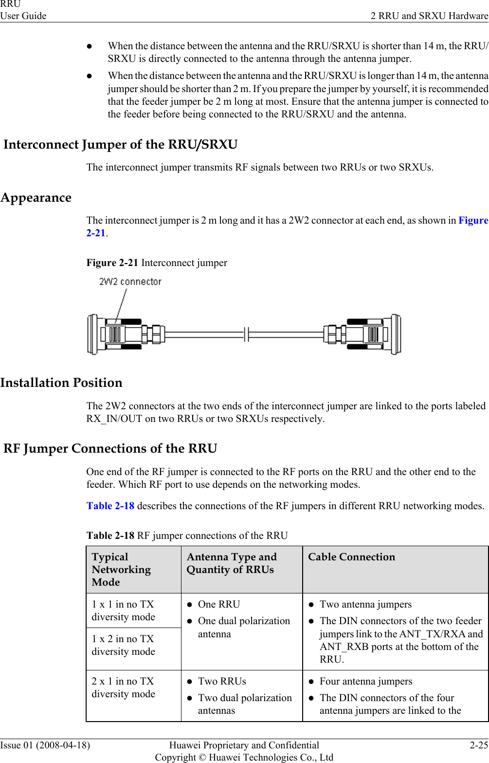 lWhen the distance between the antenna and the RRU/SRXU is shorter than 14 m, the RRU/SRXU is directly connected to the antenna through the antenna jumper.lWhen the distance between the antenna and the RRU/SRXU is longer than 14 m, the antennajumper should be shorter than 2 m. If you prepare the jumper by yourself, it is recommendedthat the feeder jumper be 2 m long at most. Ensure that the antenna jumper is connected tothe feeder before being connected to the RRU/SRXU and the antenna. Interconnect Jumper of the RRU/SRXUThe interconnect jumper transmits RF signals between two RRUs or two SRXUs.AppearanceThe interconnect jumper is 2 m long and it has a 2W2 connector at each end, as shown in Figure2-21.Figure 2-21 Interconnect jumperInstallation PositionThe 2W2 connectors at the two ends of the interconnect jumper are linked to the ports labeledRX_IN/OUT on two RRUs or two SRXUs respectively. RF Jumper Connections of the RRUOne end of the RF jumper is connected to the RF ports on the RRU and the other end to thefeeder. Which RF port to use depends on the networking modes.Table 2-18 describes the connections of the RF jumpers in different RRU networking modes.Table 2-18 RF jumper connections of the RRUTypicalNetworkingModeAntenna Type andQuantity of RRUsCable Connection1 x 1 in no TXdiversity modelOne RRUlOne dual polarizationantennalTwo antenna jumperslThe DIN connectors of the two feederjumpers link to the ANT_TX/RXA andANT_RXB ports at the bottom of theRRU.1 x 2 in no TXdiversity mode2 x 1 in no TXdiversity modelTwo RRUslTwo dual polarizationantennaslFour antenna jumperslThe DIN connectors of the fourantenna jumpers are linked to theRRUUser Guide 2 RRU and SRXU HardwareIssue 01 (2008-04-18) Huawei Proprietary and ConfidentialCopyright © Huawei Technologies Co., Ltd2-25
