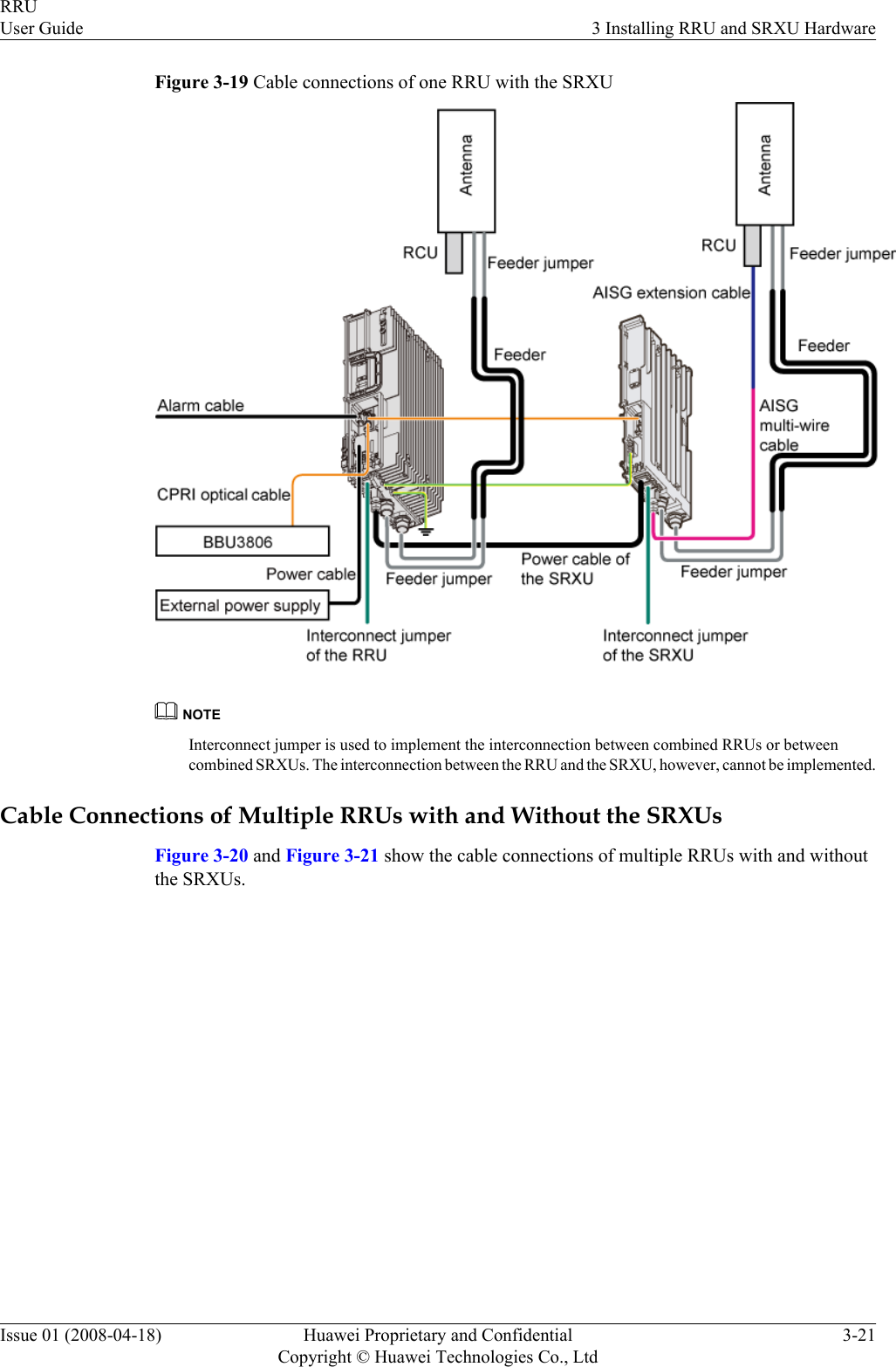 Figure 3-19 Cable connections of one RRU with the SRXUNOTEInterconnect jumper is used to implement the interconnection between combined RRUs or betweencombined SRXUs. The interconnection between the RRU and the SRXU, however, cannot be implemented.Cable Connections of Multiple RRUs with and Without the SRXUsFigure 3-20 and Figure 3-21 show the cable connections of multiple RRUs with and withoutthe SRXUs.RRUUser Guide 3 Installing RRU and SRXU HardwareIssue 01 (2008-04-18) Huawei Proprietary and ConfidentialCopyright © Huawei Technologies Co., Ltd3-21