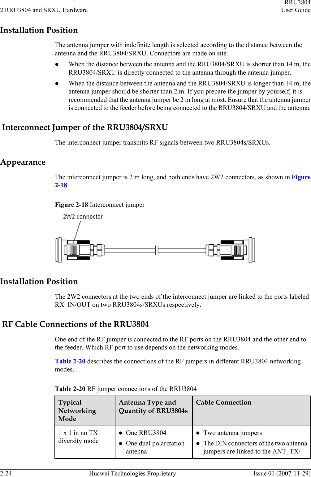 Installation PositionThe antenna jumper with indefinite length is selected according to the distance between theantenna and the RRU3804/SRXU. Connectors are made on site.lWhen the distance between the antenna and the RRU3804/SRXU is shorter than 14 m, theRRU3804/SRXU is directly connected to the antenna through the antenna jumper.lWhen the distance between the antenna and the RRU3804/SRXU is longer than 14 m, theantenna jumper should be shorter than 2 m. If you prepare the jumper by yourself, it isrecommended that the antenna jumper be 2 m long at most. Ensure that the antenna jumperis connected to the feeder before being connected to the RRU3804/SRXU and the antenna. Interconnect Jumper of the RRU3804/SRXUThe interconnect jumper transmits RF signals between two RRU3804s/SRXUs.AppearanceThe interconnect jumper is 2 m long, and both ends have 2W2 connectors, as shown in Figure2-18.Figure 2-18 Interconnect jumperInstallation PositionThe 2W2 connectors at the two ends of the interconnect jumper are linked to the ports labeledRX_IN/OUT on two RRU3804s/SRXUs respectively. RF Cable Connections of the RRU3804One end of the RF jumper is connected to the RF ports on the RRU3804 and the other end tothe feeder. Which RF port to use depends on the networking modes.Table 2-20 describes the connections of the RF jumpers in different RRU3804 networkingmodes.Table 2-20 RF jumper connections of the RRU3804TypicalNetworkingModeAntenna Type andQuantity of RRU3804sCable Connection1 x 1 in no TXdiversity modelOne RRU3804lOne dual polarizationantennalTwo antenna jumperslThe DIN connectors of the two antennajumpers are linked to the ANT_TX/2 RRU3804 and SRXU HardwareRRU3804User Guide2-24 Huawei Technologies Proprietary Issue 01 (2007-11-29)