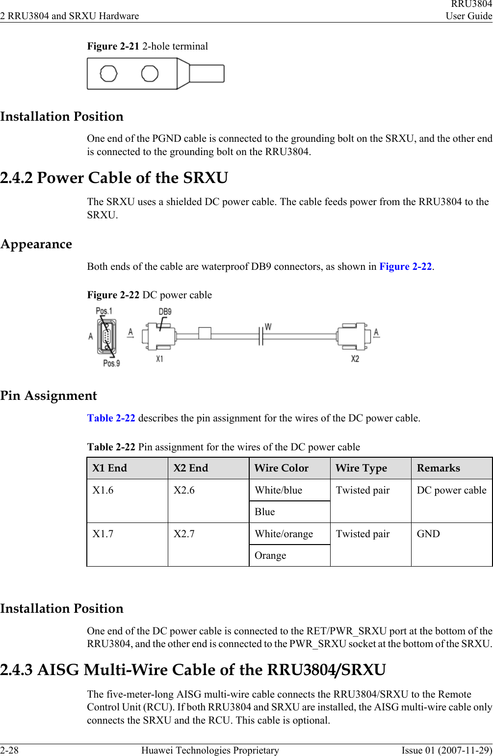 Figure 2-21 2-hole terminalInstallation PositionOne end of the PGND cable is connected to the grounding bolt on the SRXU, and the other endis connected to the grounding bolt on the RRU3804.2.4.2 Power Cable of the SRXUThe SRXU uses a shielded DC power cable. The cable feeds power from the RRU3804 to theSRXU.AppearanceBoth ends of the cable are waterproof DB9 connectors, as shown in Figure 2-22.Figure 2-22 DC power cablePin AssignmentTable 2-22 describes the pin assignment for the wires of the DC power cable.Table 2-22 Pin assignment for the wires of the DC power cableX1 End X2 End Wire Color Wire Type RemarksX1.6 X2.6 White/blue Twisted pair DC power cableBlueX1.7 X2.7 White/orange Twisted pair GNDOrange Installation PositionOne end of the DC power cable is connected to the RET/PWR_SRXU port at the bottom of theRRU3804, and the other end is connected to the PWR_SRXU socket at the bottom of the SRXU.2.4.3 AISG Multi-Wire Cable of the RRU3804/SRXUThe five-meter-long AISG multi-wire cable connects the RRU3804/SRXU to the RemoteControl Unit (RCU). If both RRU3804 and SRXU are installed, the AISG multi-wire cable onlyconnects the SRXU and the RCU. This cable is optional.2 RRU3804 and SRXU HardwareRRU3804User Guide2-28 Huawei Technologies Proprietary Issue 01 (2007-11-29)
