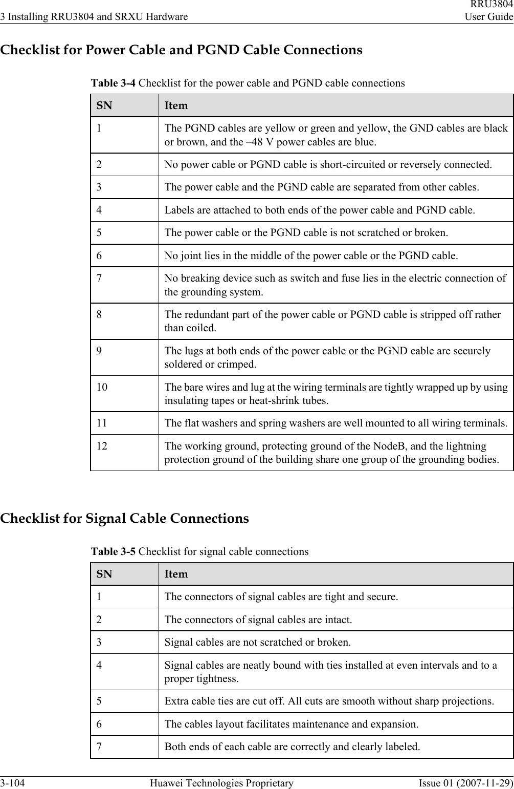 Checklist for Power Cable and PGND Cable ConnectionsTable 3-4 Checklist for the power cable and PGND cable connectionsSN Item1The PGND cables are yellow or green and yellow, the GND cables are blackor brown, and the –48 V power cables are blue.2 No power cable or PGND cable is short-circuited or reversely connected.3 The power cable and the PGND cable are separated from other cables.4 Labels are attached to both ends of the power cable and PGND cable.5 The power cable or the PGND cable is not scratched or broken.6 No joint lies in the middle of the power cable or the PGND cable.7 No breaking device such as switch and fuse lies in the electric connection ofthe grounding system.8 The redundant part of the power cable or PGND cable is stripped off ratherthan coiled.9 The lugs at both ends of the power cable or the PGND cable are securelysoldered or crimped.10 The bare wires and lug at the wiring terminals are tightly wrapped up by usinginsulating tapes or heat-shrink tubes.11 The flat washers and spring washers are well mounted to all wiring terminals.12 The working ground, protecting ground of the NodeB, and the lightningprotection ground of the building share one group of the grounding bodies. Checklist for Signal Cable ConnectionsTable 3-5 Checklist for signal cable connectionsSN Item1The connectors of signal cables are tight and secure.2 The connectors of signal cables are intact.3 Signal cables are not scratched or broken.4 Signal cables are neatly bound with ties installed at even intervals and to aproper tightness.5 Extra cable ties are cut off. All cuts are smooth without sharp projections.6 The cables layout facilitates maintenance and expansion.7 Both ends of each cable are correctly and clearly labeled.3 Installing RRU3804 and SRXU HardwareRRU3804User Guide3-104 Huawei Technologies Proprietary Issue 01 (2007-11-29)
