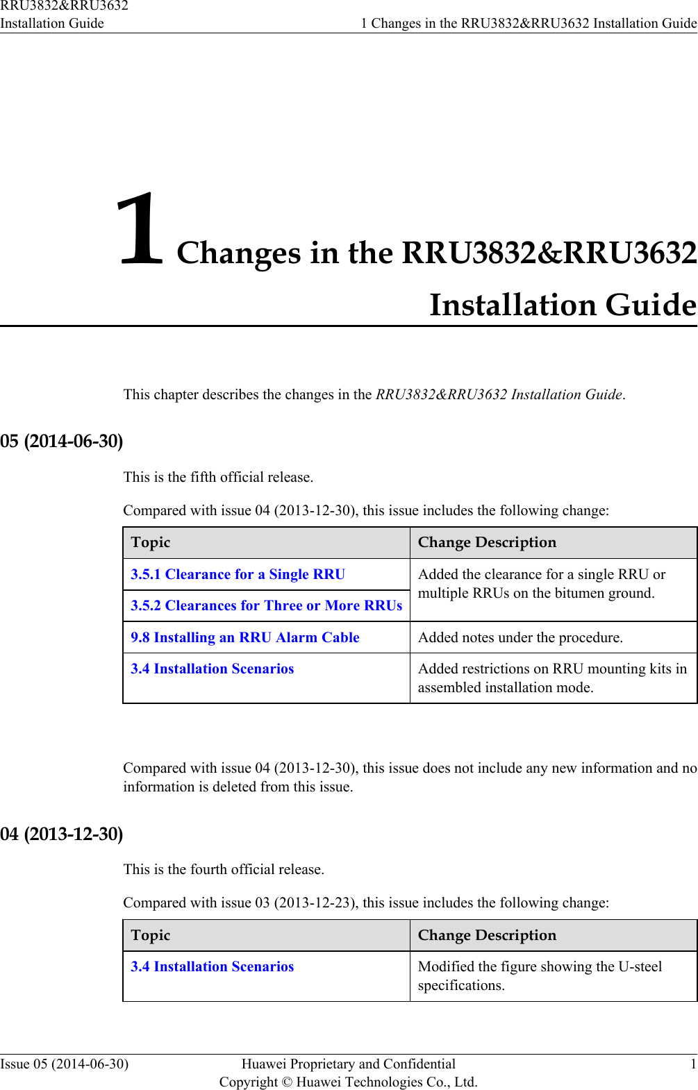1 Changes in the RRU3832&amp;RRU3632Installation GuideThis chapter describes the changes in the RRU3832&amp;RRU3632 Installation Guide.05 (2014-06-30)This is the fifth official release.Compared with issue 04 (2013-12-30), this issue includes the following change:Topic Change Description3.5.1 Clearance for a Single RRU Added the clearance for a single RRU ormultiple RRUs on the bitumen ground.3.5.2 Clearances for Three or More RRUs9.8 Installing an RRU Alarm Cable Added notes under the procedure.3.4 Installation Scenarios Added restrictions on RRU mounting kits inassembled installation mode. Compared with issue 04 (2013-12-30), this issue does not include any new information and noinformation is deleted from this issue.04 (2013-12-30)This is the fourth official release.Compared with issue 03 (2013-12-23), this issue includes the following change:Topic Change Description3.4 Installation Scenarios Modified the figure showing the U-steelspecifications. RRU3832&amp;RRU3632Installation Guide 1 Changes in the RRU3832&amp;RRU3632 Installation GuideIssue 05 (2014-06-30) Huawei Proprietary and ConfidentialCopyright © Huawei Technologies Co., Ltd.1
