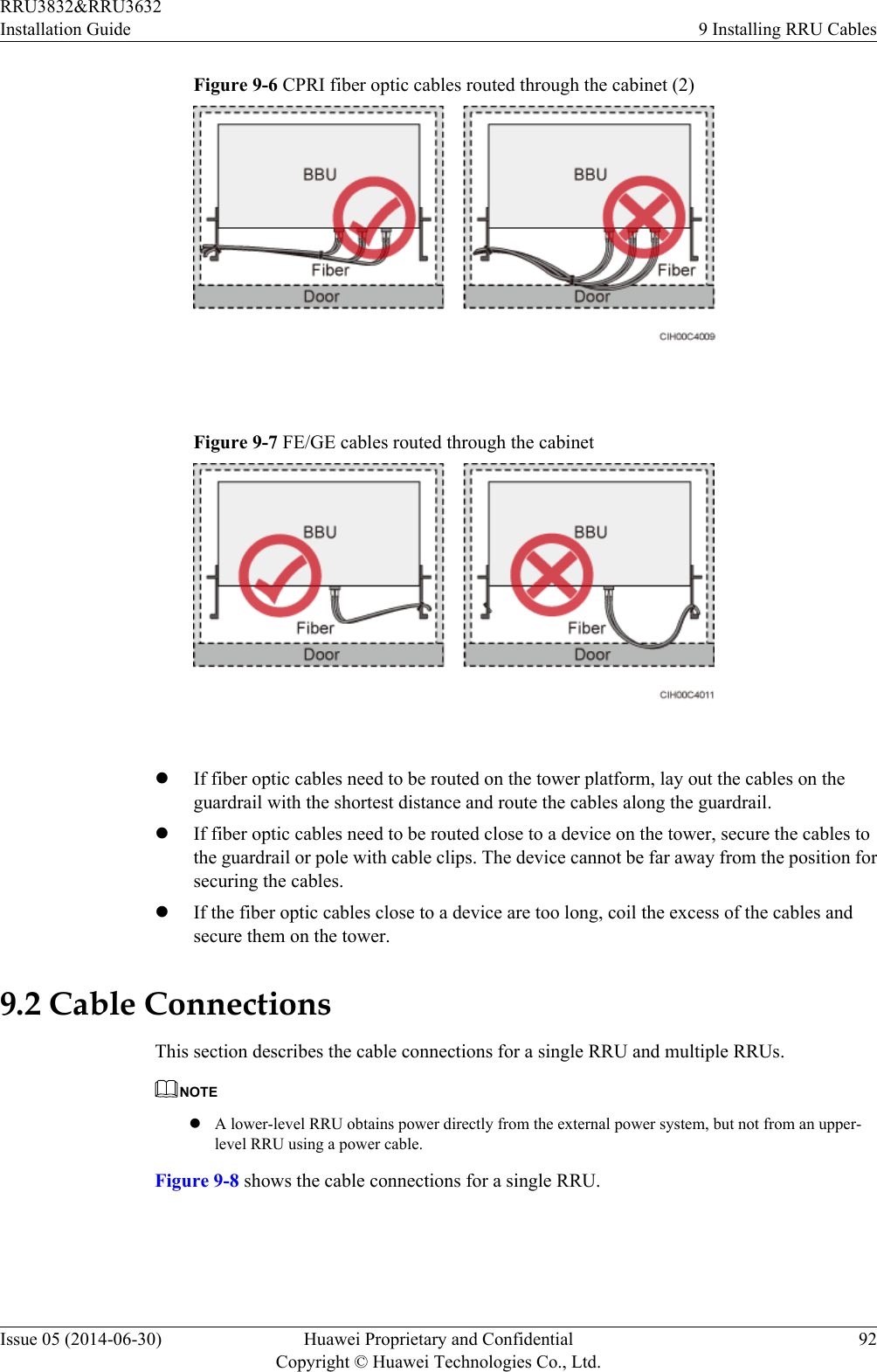 Figure 9-6 CPRI fiber optic cables routed through the cabinet (2) Figure 9-7 FE/GE cables routed through the cabinet lIf fiber optic cables need to be routed on the tower platform, lay out the cables on theguardrail with the shortest distance and route the cables along the guardrail.lIf fiber optic cables need to be routed close to a device on the tower, secure the cables tothe guardrail or pole with cable clips. The device cannot be far away from the position forsecuring the cables.lIf the fiber optic cables close to a device are too long, coil the excess of the cables andsecure them on the tower.9.2 Cable ConnectionsThis section describes the cable connections for a single RRU and multiple RRUs.NOTElA lower-level RRU obtains power directly from the external power system, but not from an upper-level RRU using a power cable.Figure 9-8 shows the cable connections for a single RRU.RRU3832&amp;RRU3632Installation Guide 9 Installing RRU CablesIssue 05 (2014-06-30) Huawei Proprietary and ConfidentialCopyright © Huawei Technologies Co., Ltd.92