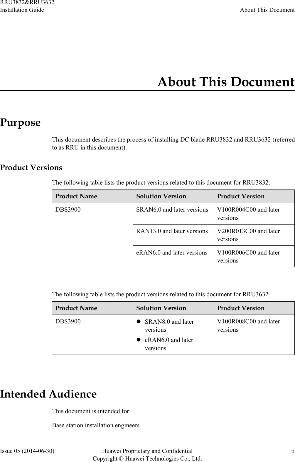 About This DocumentPurposeThis document describes the process of installing DC blade RRU3832 and RRU3632 (referredto as RRU in this document).Product VersionsThe following table lists the product versions related to this document for RRU3832.Product Name Solution Version Product VersionDBS3900 SRAN6.0 and later versions V100R004C00 and laterversionsRAN13.0 and later versions V200R013C00 and laterversionseRAN6.0 and later versions V100R006C00 and laterversions The following table lists the product versions related to this document for RRU3632.Product Name Solution Version Product VersionDBS3900 lSRAN8.0 and laterversionsleRAN6.0 and laterversionsV100R008C00 and laterversions Intended AudienceThis document is intended for:Base station installation engineersRRU3832&amp;RRU3632Installation Guide About This DocumentIssue 05 (2014-06-30) Huawei Proprietary and ConfidentialCopyright © Huawei Technologies Co., Ltd.ii