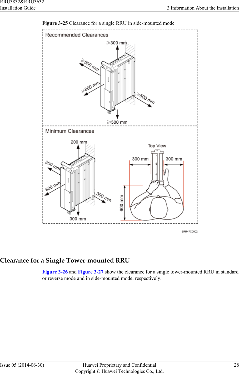 Figure 3-25 Clearance for a single RRU in side-mounted mode Clearance for a Single Tower-mounted RRUFigure 3-26 and Figure 3-27 show the clearance for a single tower-mounted RRU in standardor reverse mode and in side-mounted mode, respectively.RRU3832&amp;RRU3632Installation Guide 3 Information About the InstallationIssue 05 (2014-06-30) Huawei Proprietary and ConfidentialCopyright © Huawei Technologies Co., Ltd.28