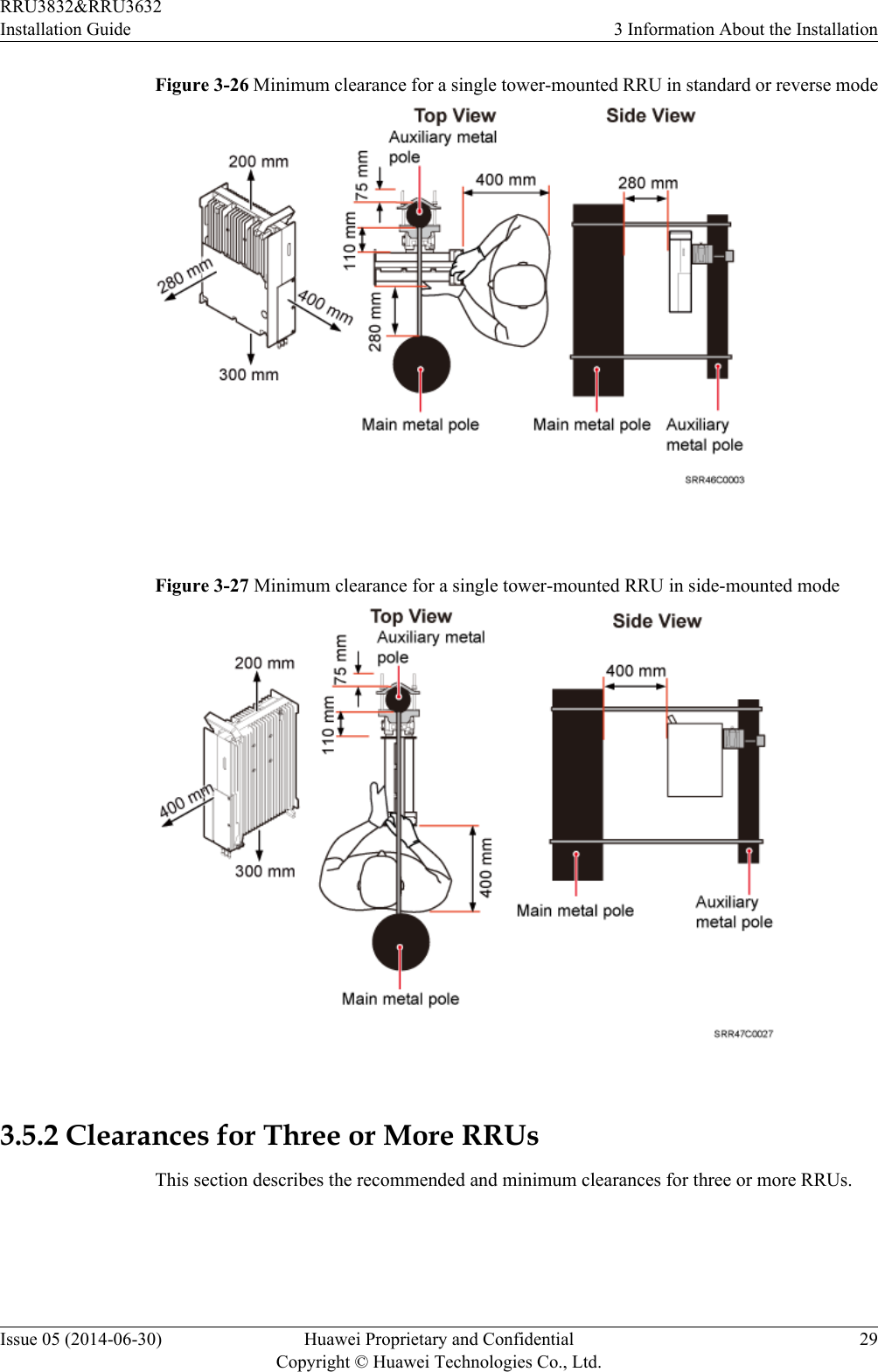 Figure 3-26 Minimum clearance for a single tower-mounted RRU in standard or reverse mode Figure 3-27 Minimum clearance for a single tower-mounted RRU in side-mounted mode 3.5.2 Clearances for Three or More RRUsThis section describes the recommended and minimum clearances for three or more RRUs.RRU3832&amp;RRU3632Installation Guide 3 Information About the InstallationIssue 05 (2014-06-30) Huawei Proprietary and ConfidentialCopyright © Huawei Technologies Co., Ltd.29